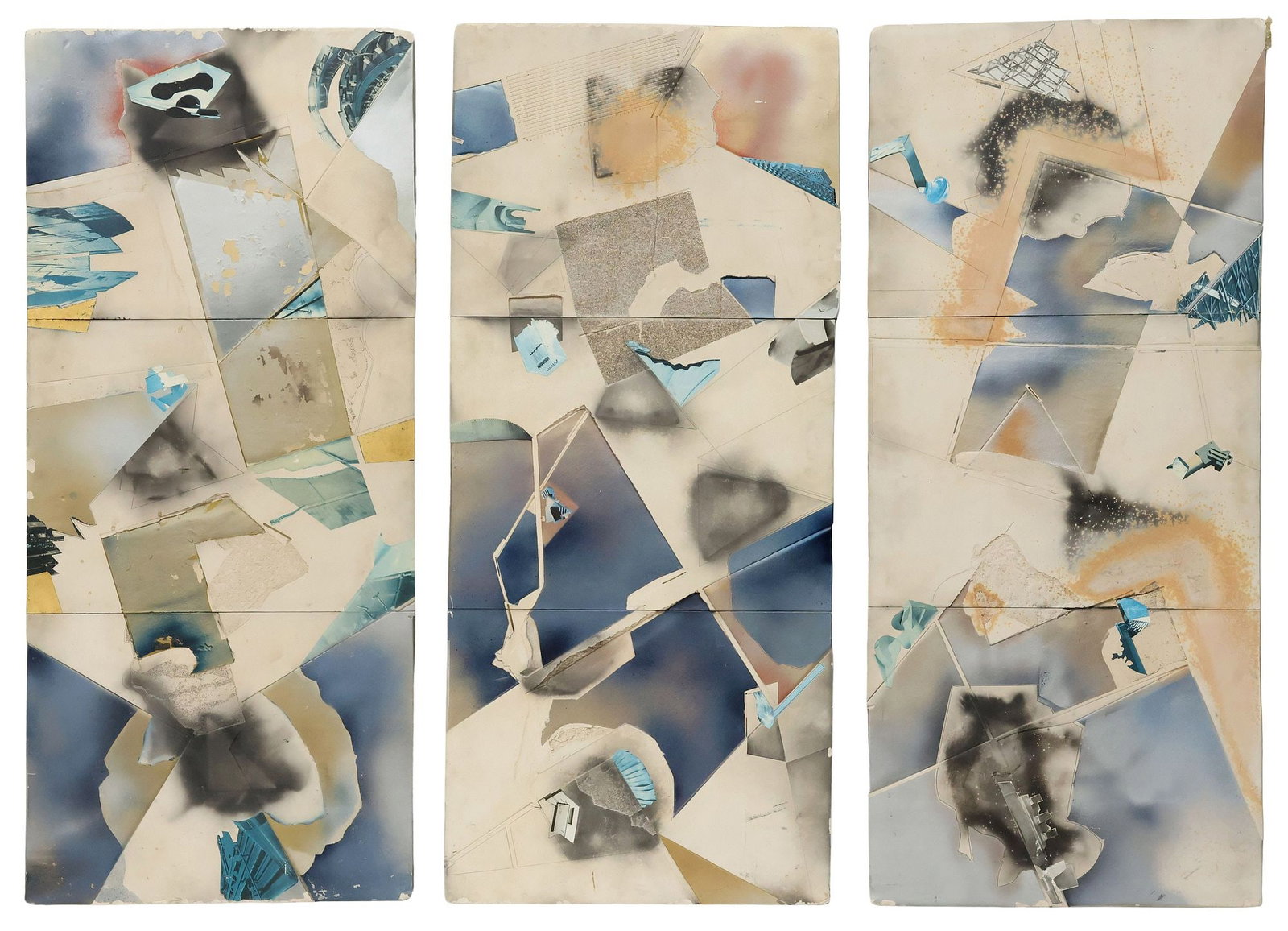 (3) MARK FORMAN (20TH C.) MIXED MEDIA ON CERAMIC TRIPTYCH, 53"H: Mixed media with collage on ceramic triptych, signed verso Mark (Mark Forman, American, 20th c.), each panel: approx 53"h, 23"w, 132lbs total **Provenance: Dallas, Texas: When the madness of collectin