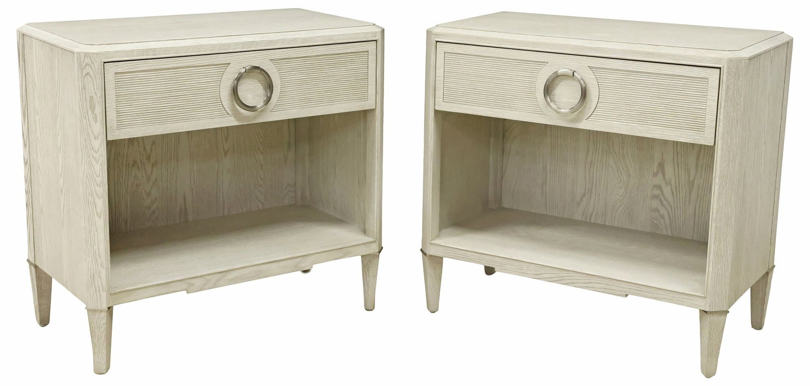(2) BERNHARDT FURNITURE 'DOMAINE BLANC' CONTEMPORARY NIGHTSTANDS: (pair) Large contemporary "Domaine Blanc" nightstands, Bernhardt Furniture Company, late 20th c., each oak case in a dove-white finish, top with beveled edge and canted front corners, over c