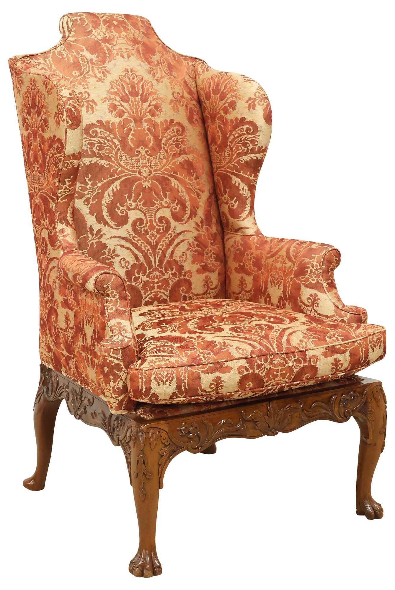 CHIPPENDALE STYLE UPHOLSTERED MAHOGANY WINGBACK CHAIR (1 of 3)