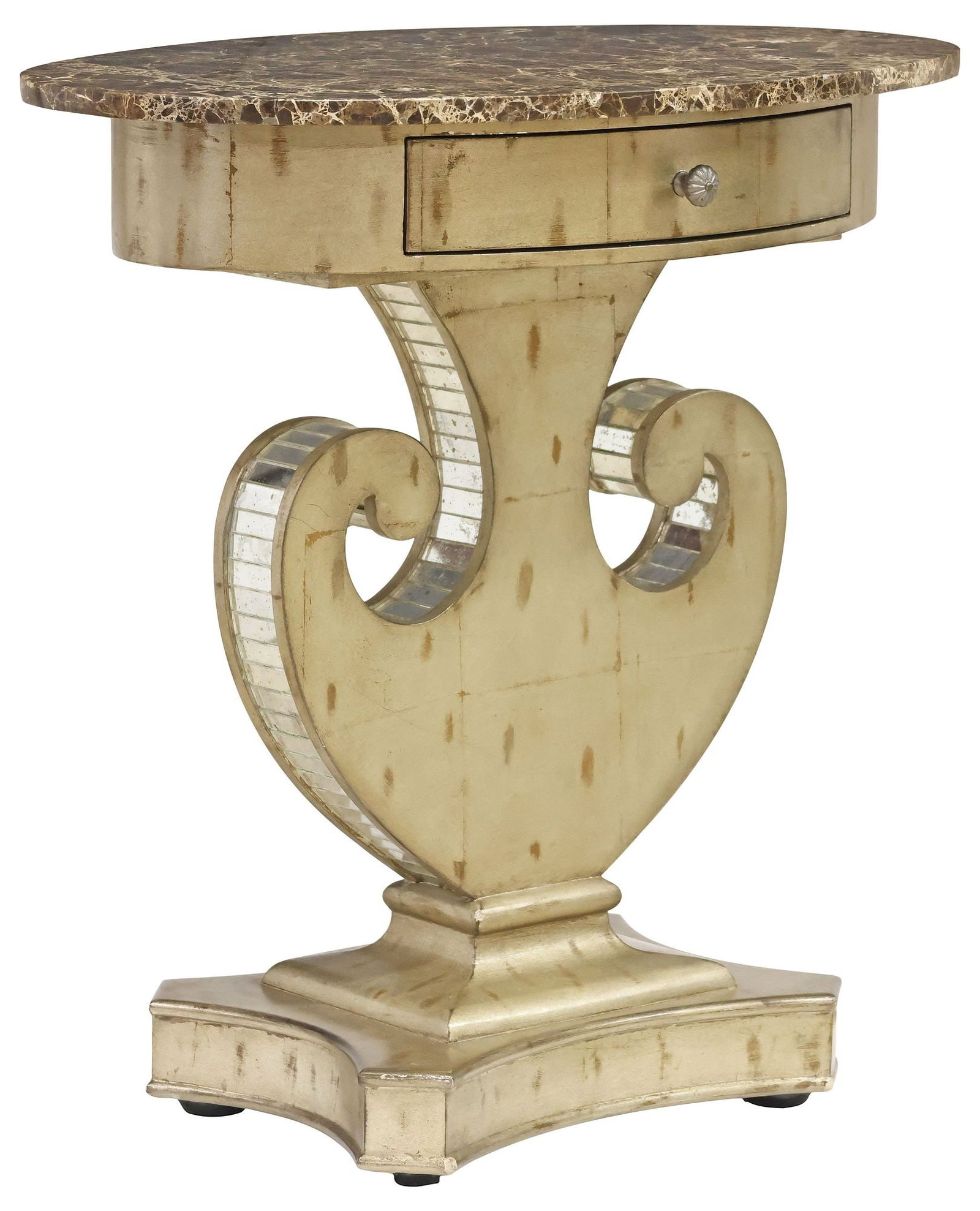CONTEMPORARY MARBLE-TOP SIDE TABLE IN THE STYLE OF ROSE TARLOW: Contemporary side table, in the style of the "Viola" table by Rose Tarlow, 20th c., oval marble top, over single drawer, on sculptural base bordered by inset mirror tiles, approx 29"h, 28"w, 18"d **Pr
