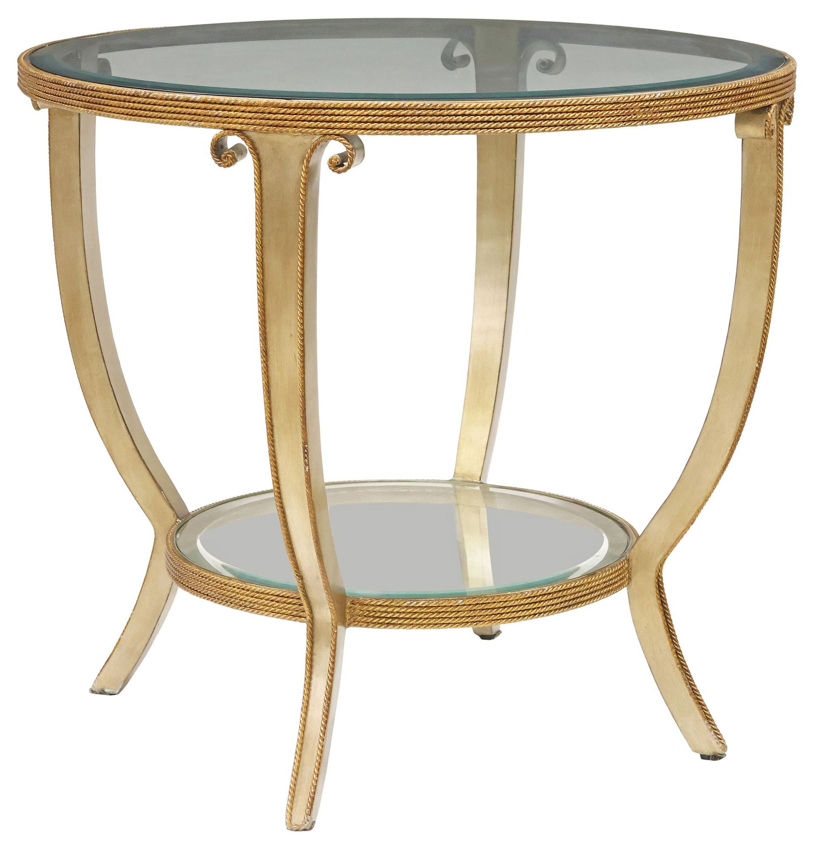 CONTEMPORARY GLASS-TOP & PARCEL GILT CENTER TABLE, 33"DIAM: Contemporary glass-top center table, 20th c., parcel gilt rope braid trim, rising on medial shelf, cabriole legs, approx 30"h, 33"diam **Provenance: Dallas, Texas: When the madness of collecting colli