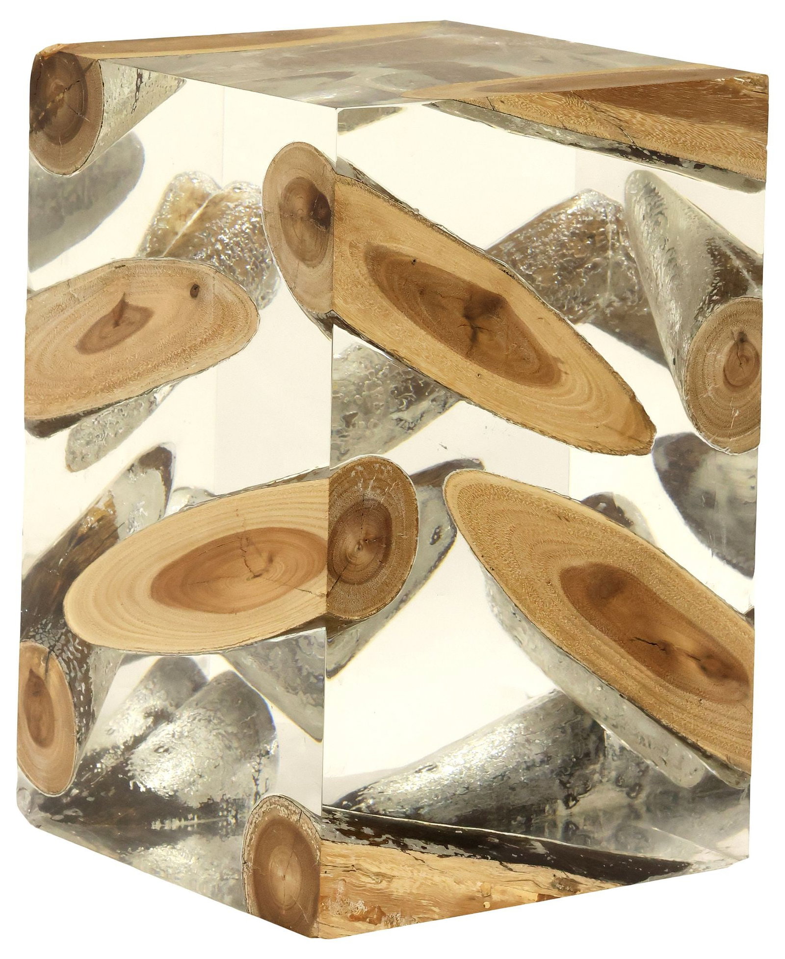 CUSTOM LIVE-EDGE WOOD & EPOXY RESIN LOW DISPLAY PEDESTAL: Custom-made colorless epoxy resin display pedestal/ plant stand, 21st c., suspending live-edge sliced logs, chipped wood loss to one corner of top, approx 18"h, 11.75"w, 11.75"d **Provenance: Treasure