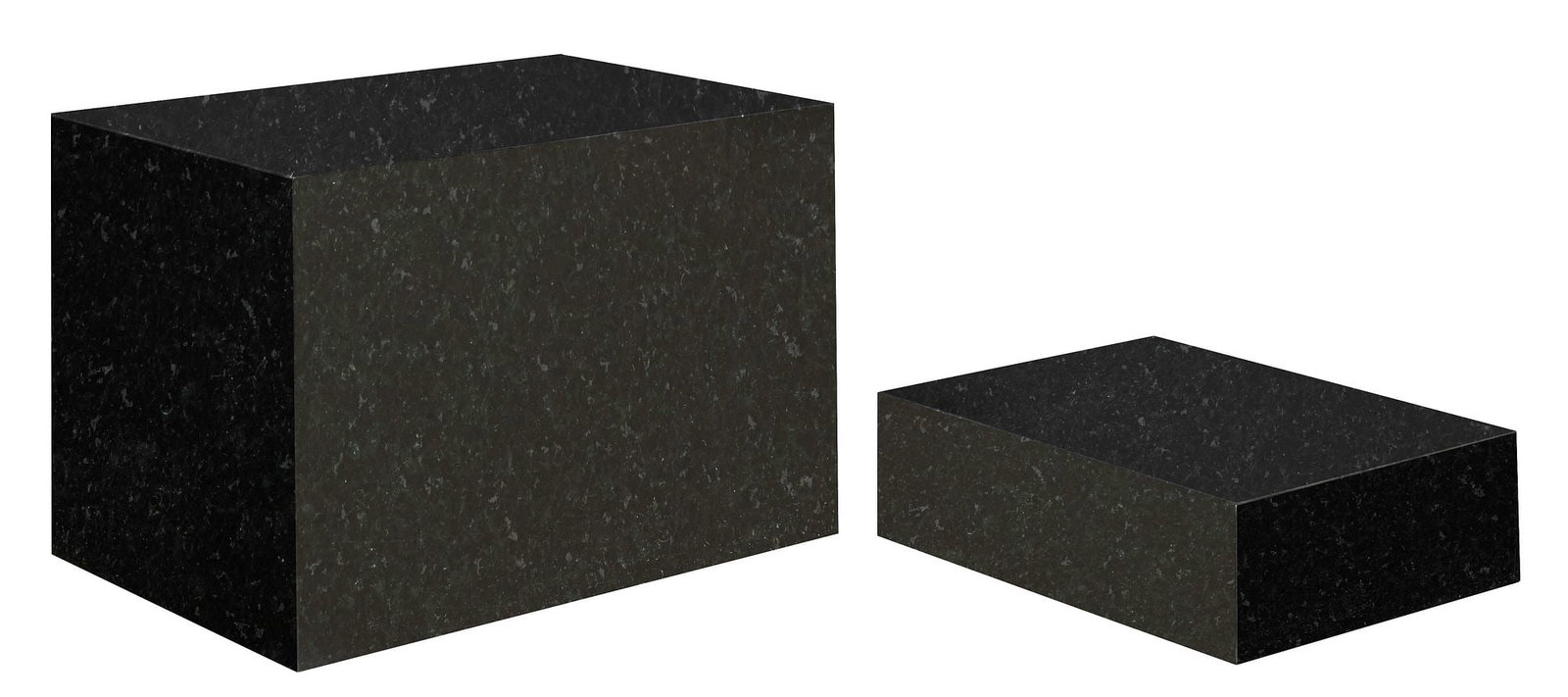 (2) BLACK GRANITE RECTANGULAR PEDESTALS / DISPLAY STANDS: (lot of 2) Black granite pedestal/ display stands, late 20th c., of rectangular form, including: (1) approx 18"h, 26"w, 19.5"d; (1) approx 6"h, 20"w, 16"d **Provenance: Dallas, Texas: When the madness