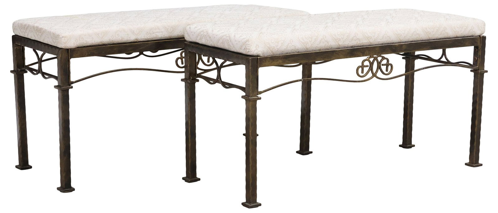 (2) UPHOLSTERED SCROLLED WROUGHT IRON BENCHES: (pair) Wrought iron benches, 20th c., each having padded seat in jacquard fabric upholstery, rising on squared supports joined by scrolled stretcher, approx 19.5"h, 37"w, 14.75"d