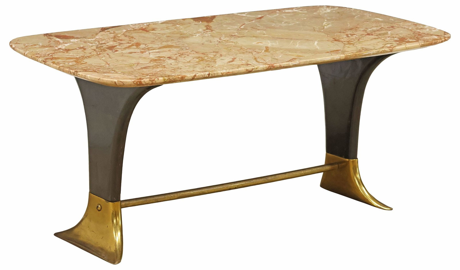 ITALIAN MID-CENTURY MODERN MARBLE-TOP LACQUERED COFFEE TABLE: Italian mid-century modern coffee table, in the manner of Paolo Buffa (Italian, 1903-1970), c.1950s, rounded pink marble top, raised on black lacquered supports, ending on curved gilt-metal feet,