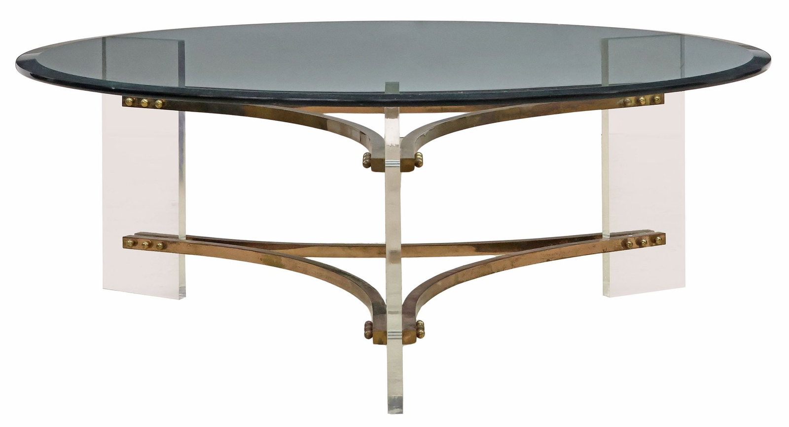 AFTER CHARLES H. JONES GLASS-TOP LUCITE & PATINATED METAL COFFEE TABLE (1 of 3)