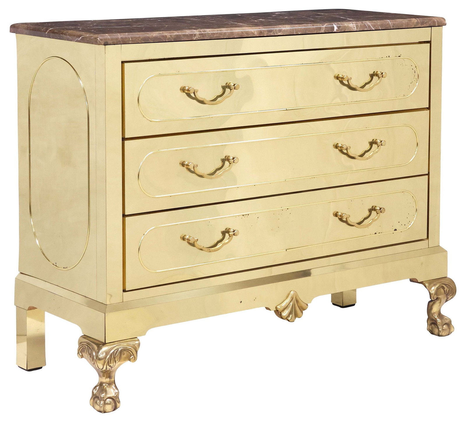 HARDEN (ATTRIB.) HOLLYWOOD REGENCY MARBLE-TOP BRASS-CLAD CHEST OF DRAWERS: Hollywood Regency style polished brass-clad chest of drawers, attributed to Harden Furniture, late 20th c., having rectangular marble top, above conforming case in a highly-polished mirrored finish,
