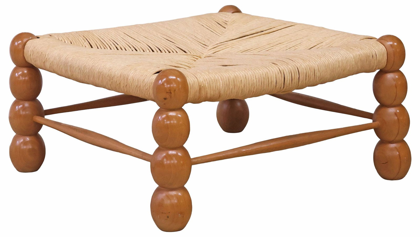 STYLE OF CHARLES DUDOUYT (D.1946) MODERNIST RUSH SEAT BOBBIN-TURNED OTTOMAN (1 of 4)