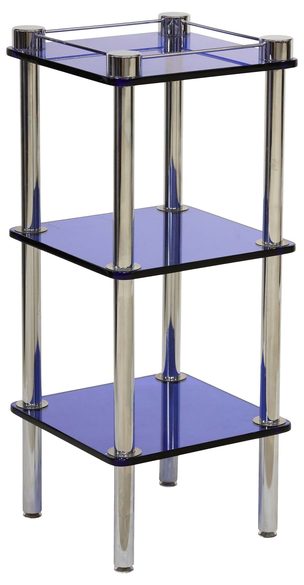 MODERN ITALIAN BLUE GLASS & CHROMED STEEL 3-TIER SIDE TABLE: Modern Italian glass and steel side table, c.1950s, three square blue colored glass tiers, uppermost with a raised gallery, on tubular chromed steel supports, approx 30"h, 12.5"w,
