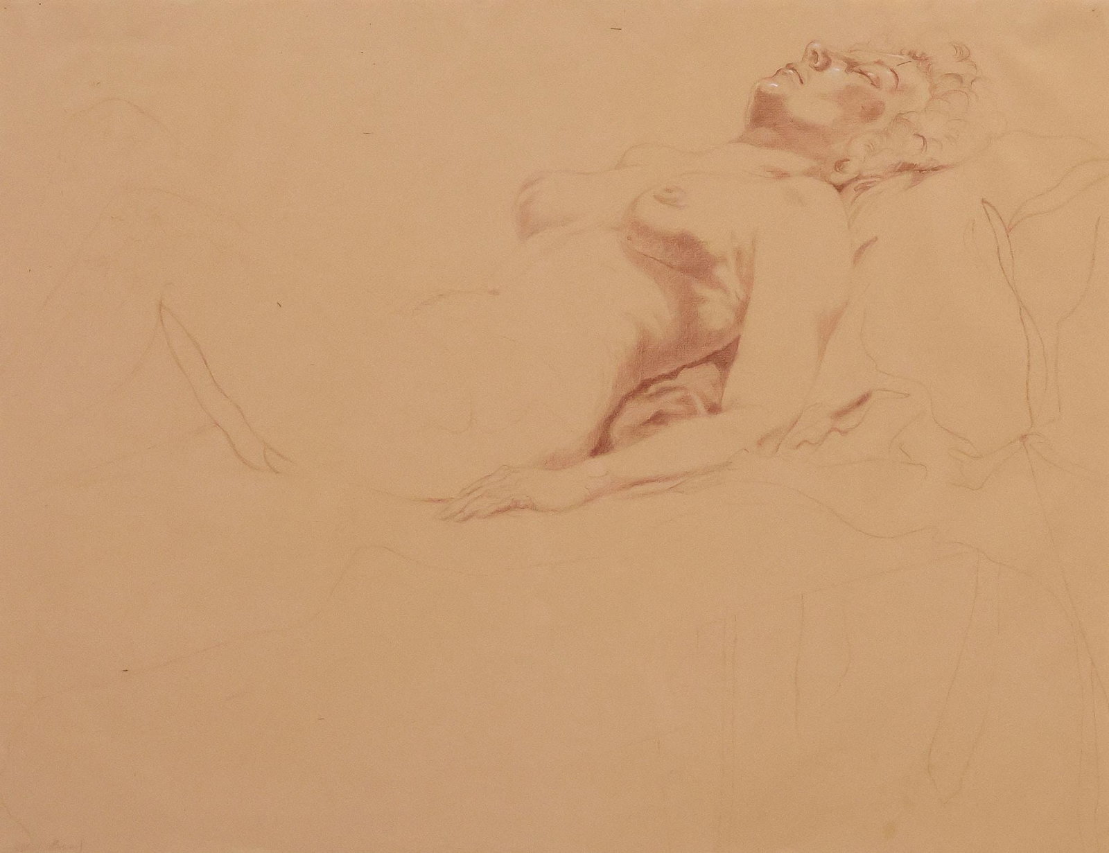 JACK BEAL (AMERICAN, 1931-2013) RED CONTE DRAWING, SUPINE FEMALE NUDE: Framed red conte drawing on buff paper, Supine Female Nude, pencil signed lower left Jack Beal (American, 1931-2013), retaining Sid Deutsch and George Adams, New York gallery labels verso, Arkansas