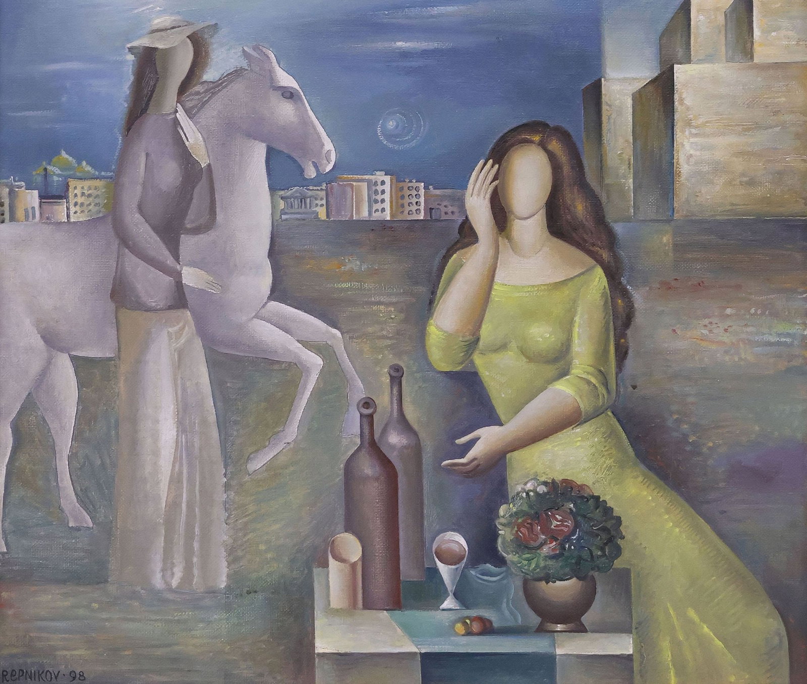 ANATOLIY REPNIKOV (RUSSIAN, 20TH C.) SURREALIST FIGURAL NIGHT PAINTING: Framed oil on canvas painting, Surrealist Nightscape with Figures and Horse, signed lower left Repnikov (Anatoliy Repnikov, Russian, 20th c.), dated [19]98, sight: approx 23"h, 27"w, overall: approx