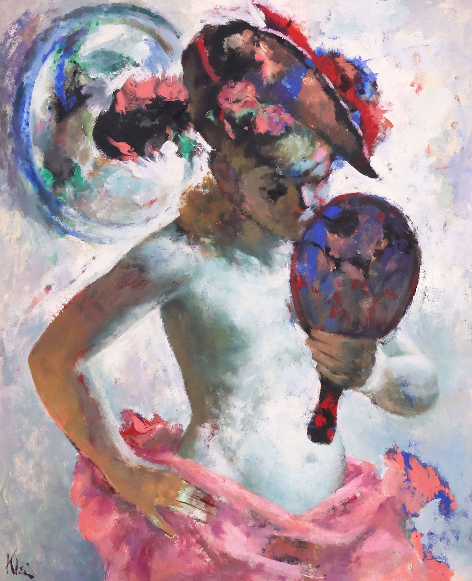 SANDOR KLEIN (AMERICAN, 1912-1995) OIL PAINTING, 'THE CHAPEAU': Framed oil on masonite painting, "The Chapeau," signed lower left Klein (Sandor Klein, American, 1912-1995), retaining gilt-metal artist and title plaque, sight: approx 23.5"h, 19