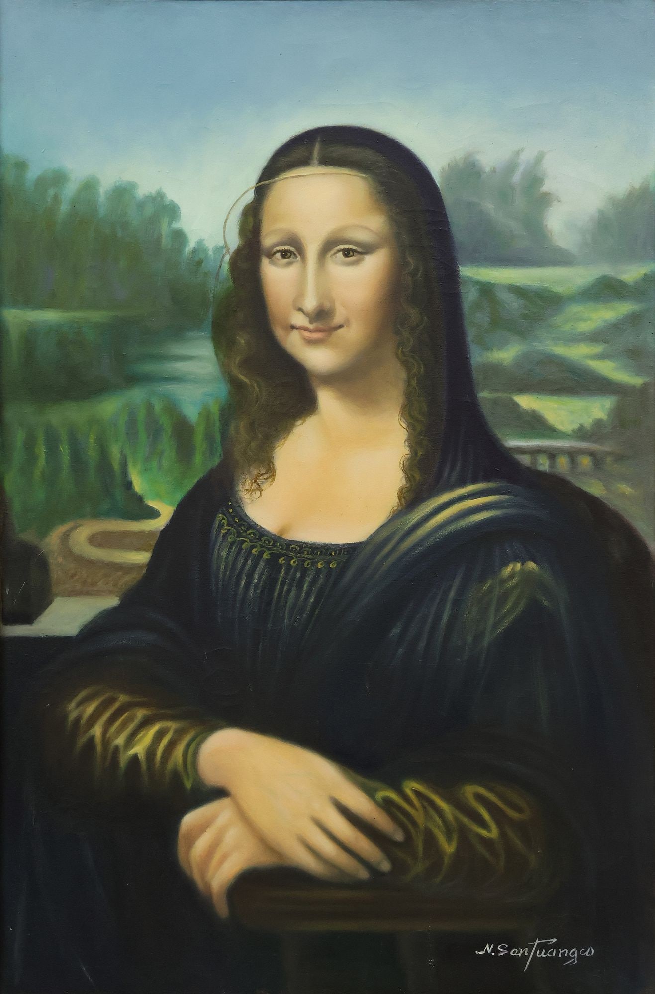 AFTER LEONARDO DA VINCI (1452-1519) SIGNED OIL PAINTING, MONA LISA: Framed oil on canvas painting, Mona Lisa, signed lower right N. Santuangco (Nicolas Santuangco, Filipino, 20th c.), after the work by Leonardo da Vinci (Italian, 1452-1519), sight: approx 35.5"h, 23.5