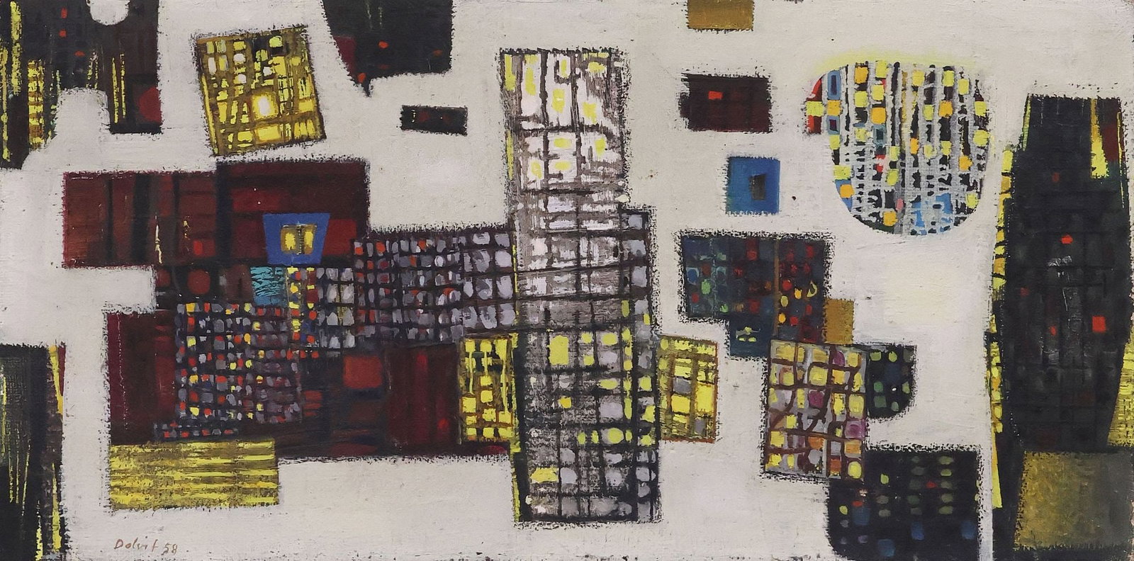 OSKAR DALVIT (SWISS, 1911-1975) ABSTRACT PAINTING, WINTER CONSTELLATION: Framed oil on canvas painting, "Constelation d'Hiver (Winter Constellation)," signed lower left Dalvit (Oskar Dalvit, Swiss, 1911-1975), dated [19]58, titled with additional date and artist's signatur