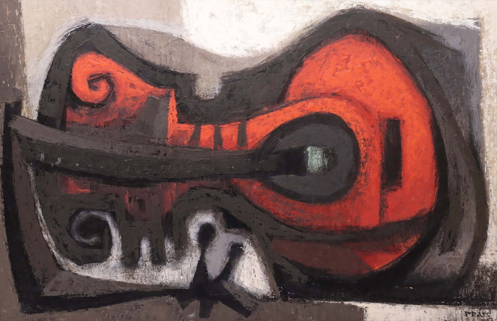 RAMON PRATS (1928-2003) PAINTING, ABSTRACT STILL LIFE WITH VIOLIN: Framed oil on Masonite painting, Abstract Sill Life with Violin, signed lower right Prats (Ramon Prats, Spanish-American, active in Cuba and Mexico, 1928-2003), dated [19]63, sight: approx 15.5"h, 23.