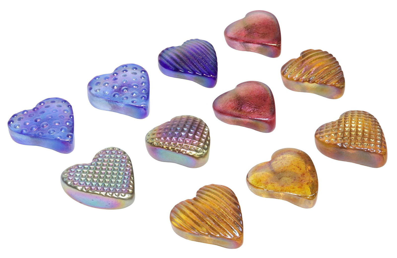 (11) ROBERT HELD (B.1943) IRIDESCENT ART GLASS HEART PAPERWEIGHTS (1 of 5)