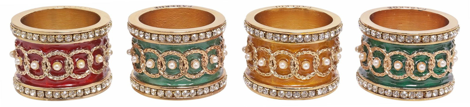 (8) FABERGE JEWELED & GUILLOCHE-ENAMELED GILT-METAL NAPKIN RINGS: (lot of 8) Faberge gilt-metal napkin rings, from the Imperial Collection, each having guilloche-enameled body, set with faux pearls in foliated rinceau surround, with rhinestone trim, housed in two br