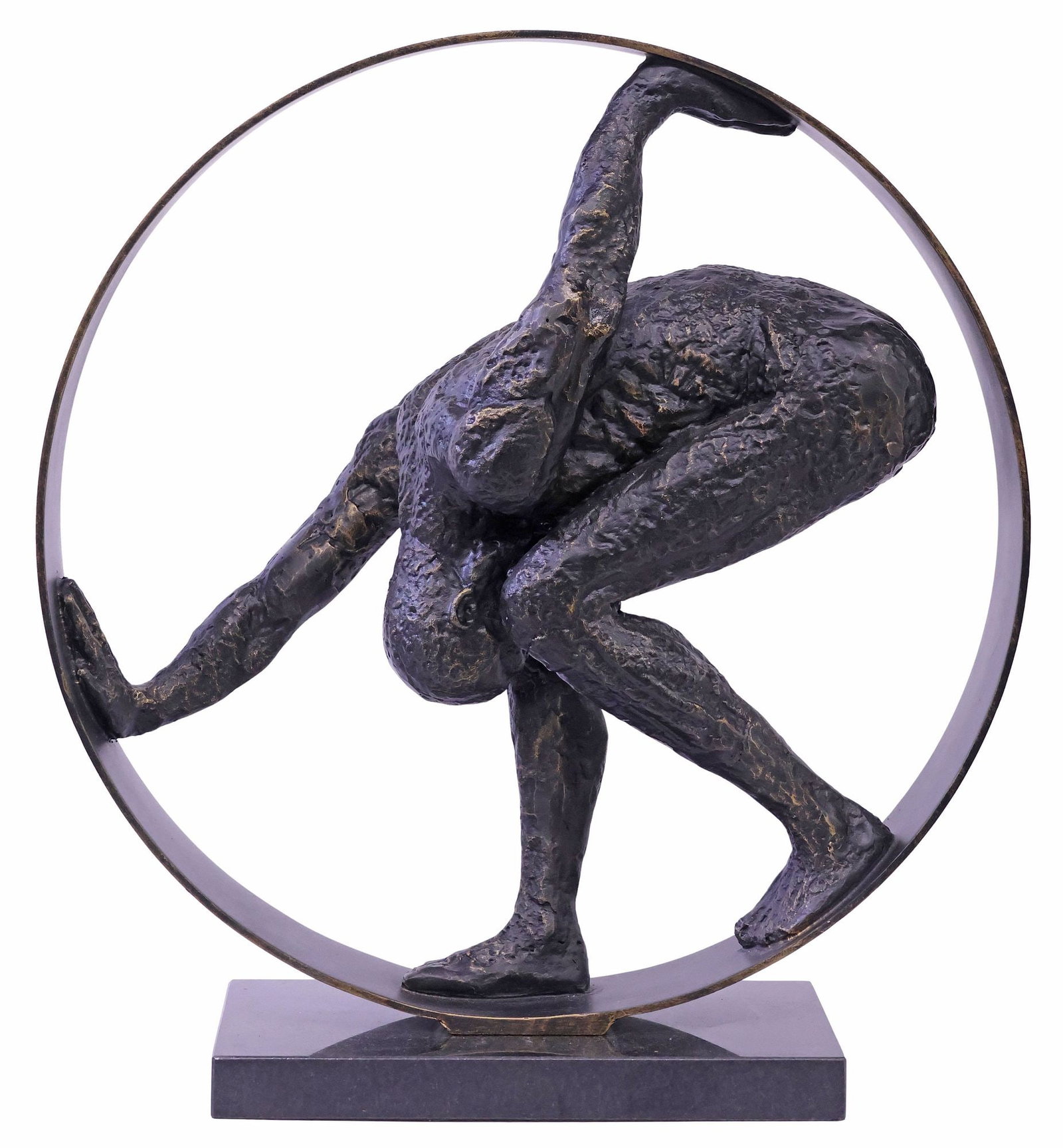 AFTER GRAZIELLA MAZZOLENI-HENRY (20TH C.) DYNAMIC FIGURAL SCULPTURE: Large patinated steel sculpture, Male Nude in a Wheel, after Graziella Mazzoleni-Henry (French, 20th c.), apparently unsigned, on a black granite plinth, sculpture: approx 16.5"h, 16.5"w, 5.5"d, overa