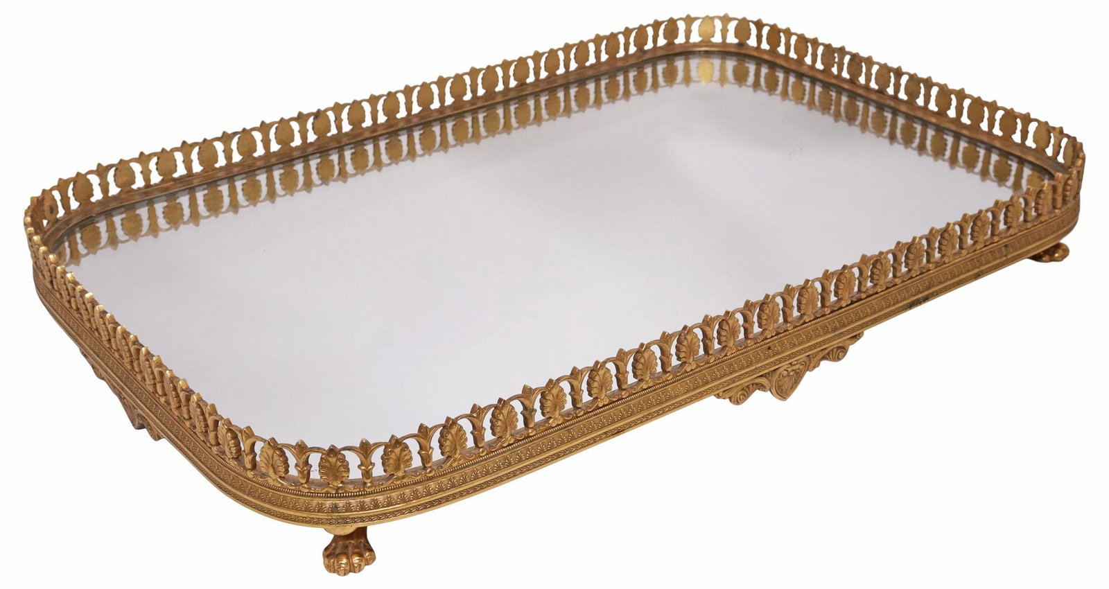 MIRRORED GILT-METAL VANITY / DRESSER TRAY ON PAW FEET (1 of 7)
