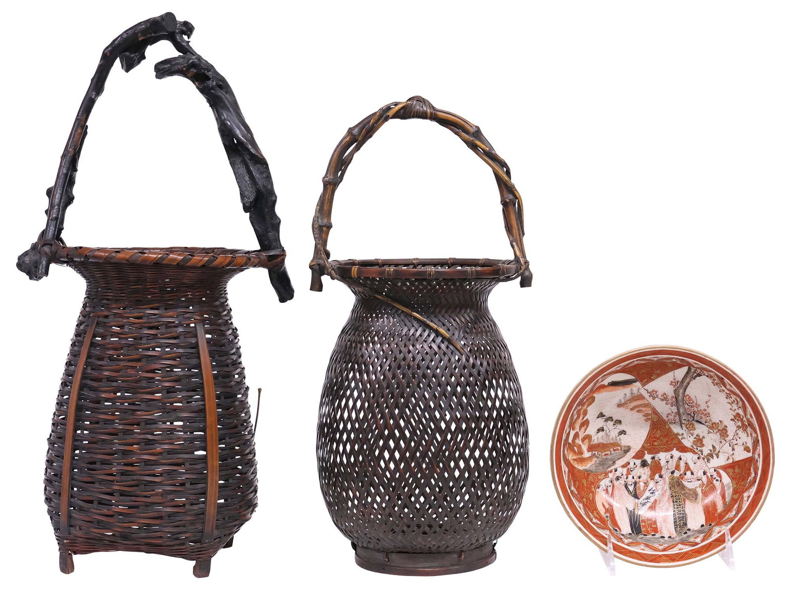 (2) JAPANESE KUTANI PORCELAIN BOWL & IKEBANA BASKET, 1 SIGNED CHIKU TO (1 of 7)