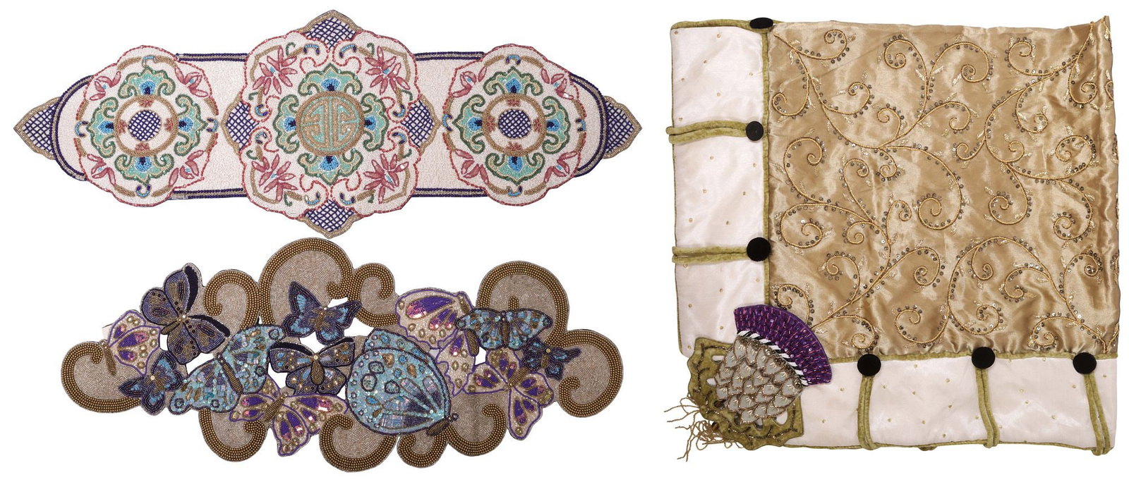 (3) KIM SEYBERT 'FLUTTER' & 'KYOTO' BEADED TABLE RUNNERS & OTHER TABLECLOTH (1 of 6)