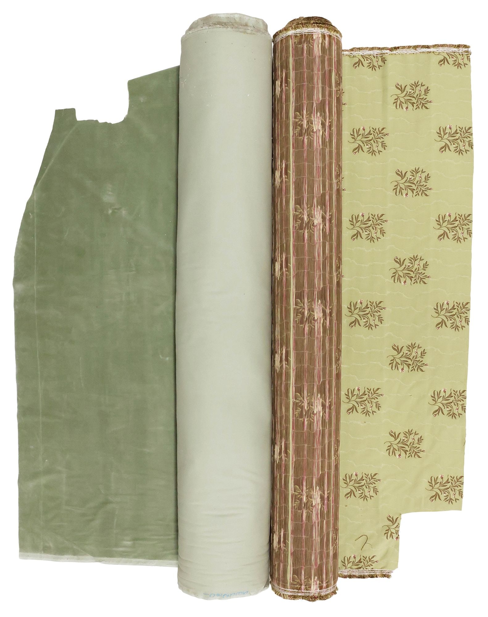 (2) COLLECTION OF VELVET & FOLIATE PATTERN UPHOLSTERY FABRIC BOLTS: (lot of 2) Bolts of upholstery fabric, including: (1) having olive background with stitched foliates, (1) in grey-green velvet, not examined fully unrolled, total lengths unknown, largest width (inclu