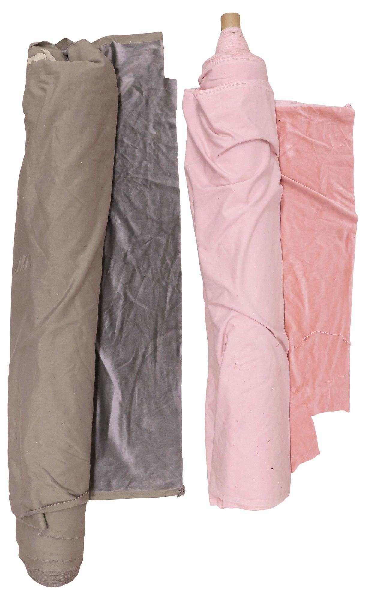 (2) COLLECTION OF VELVET UPHOLSTERY FABRIC BOLTS: (lot of 2) Bolts of velvet upholstery fabric, including: (1) in pink, (1) in sleek grey, not examined fully unrolled, total lengths unknown, largest width (inclusive of selvage): approx 63"w, bolt dia