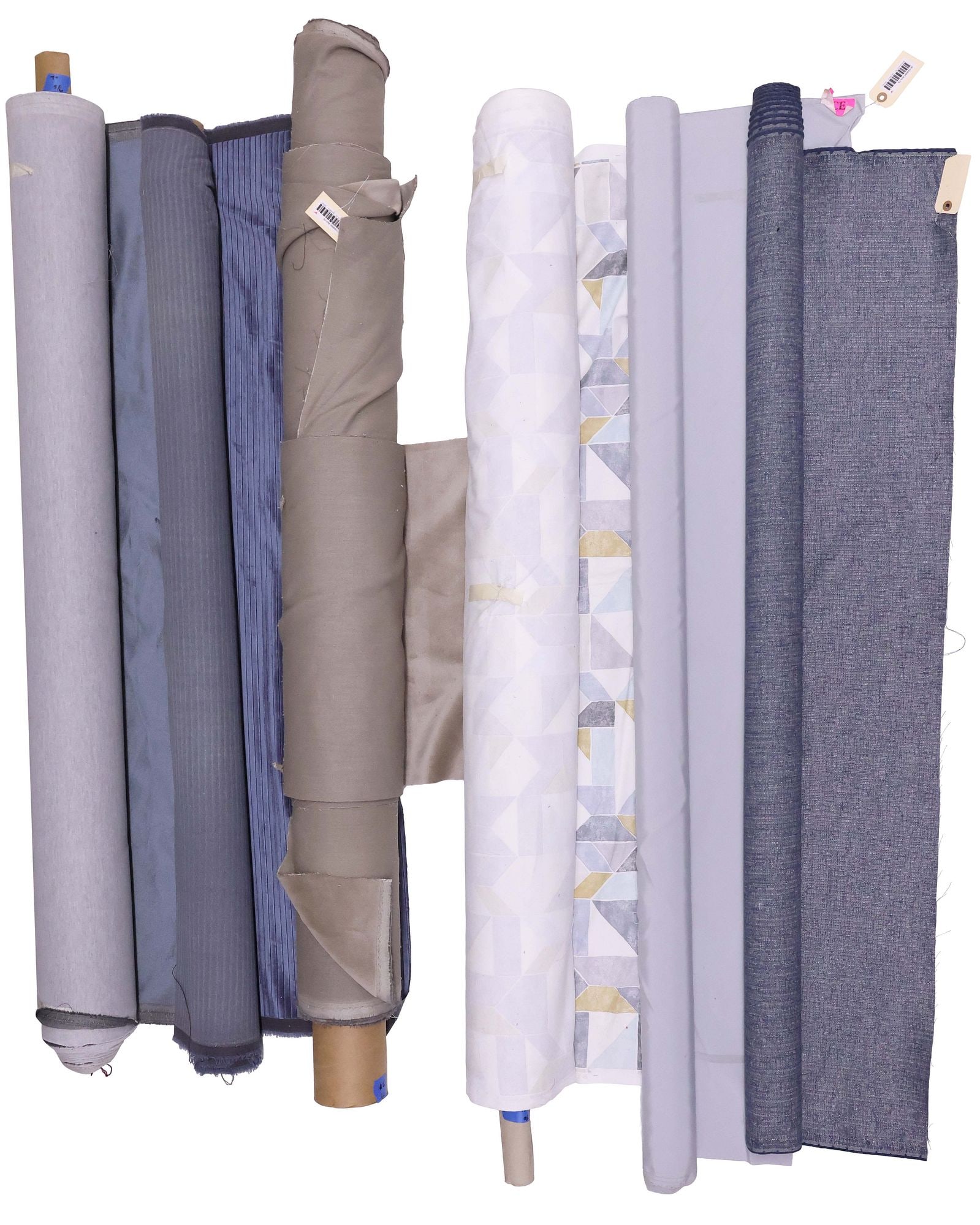 (6) COLLECTION OF BLUE & NAVY UPHOLSTERY FABRIC BOLTS, VELVET, SILK & PRINTS: (lot of 6) Bolts of upholstery fabric, various styles and makers, all in a blue or navy palette, many identified by consignor as designer, highlights include: (1) Studio G, printed cotton in a repeati