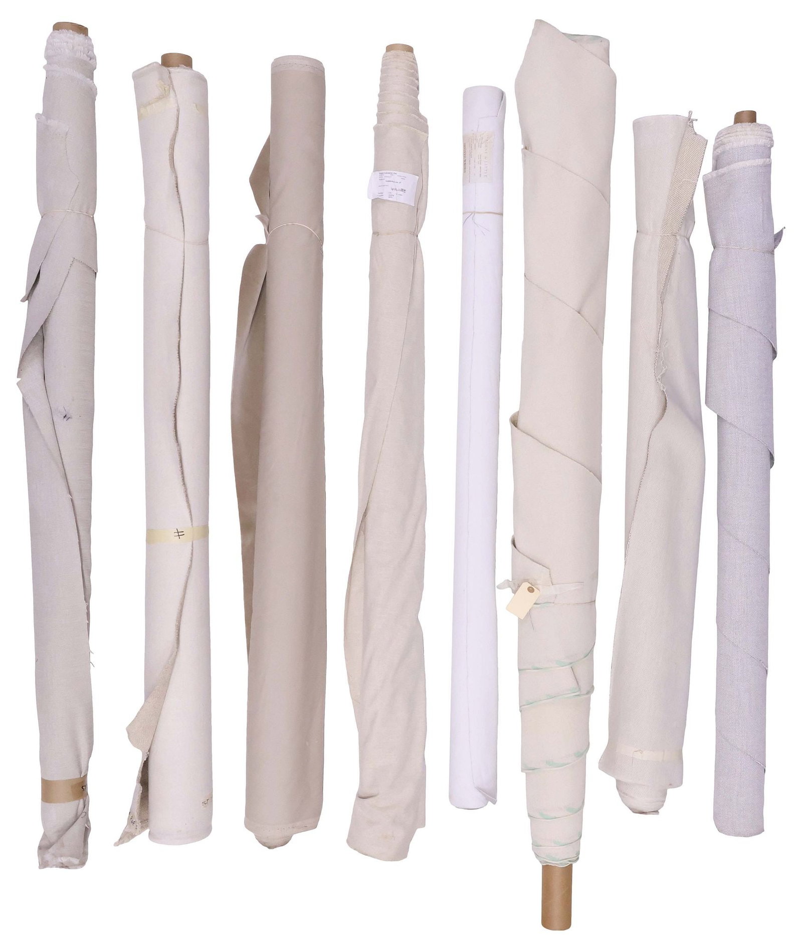(8) COLLECTION OF UPHOLSTERY FABRIC BOLTS, OSBORNE & LITTLE, LAMADRID, & OTHER: (lot of 8) Bolts of upholstery fabric, various styles and makers, each in a neutral color palette, many identified as designer by consignor, highlights include: (one) designed by Osborne & Little, in