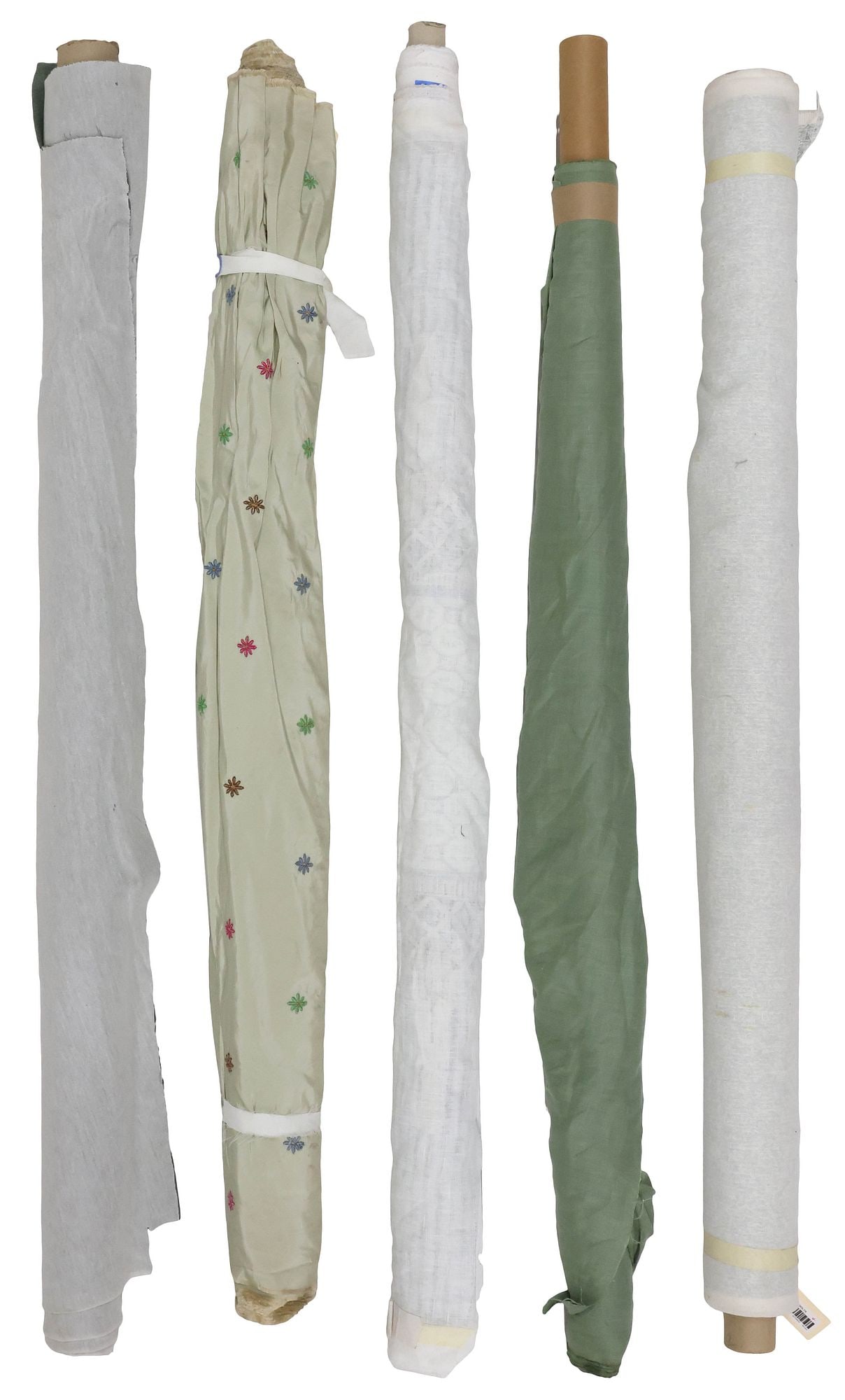(5) COLLECTION OF GREEN UPHOLSTERY FABRIC BOLTS, 1 RICHARD SMITH FOR MADEAUX: (lot of 5) Bolts of upholstery fabric, various styles and makers, all in muted green and neutral earth tones, many identified by consignor as designer, highlights include: (1) designed by Richard Smit