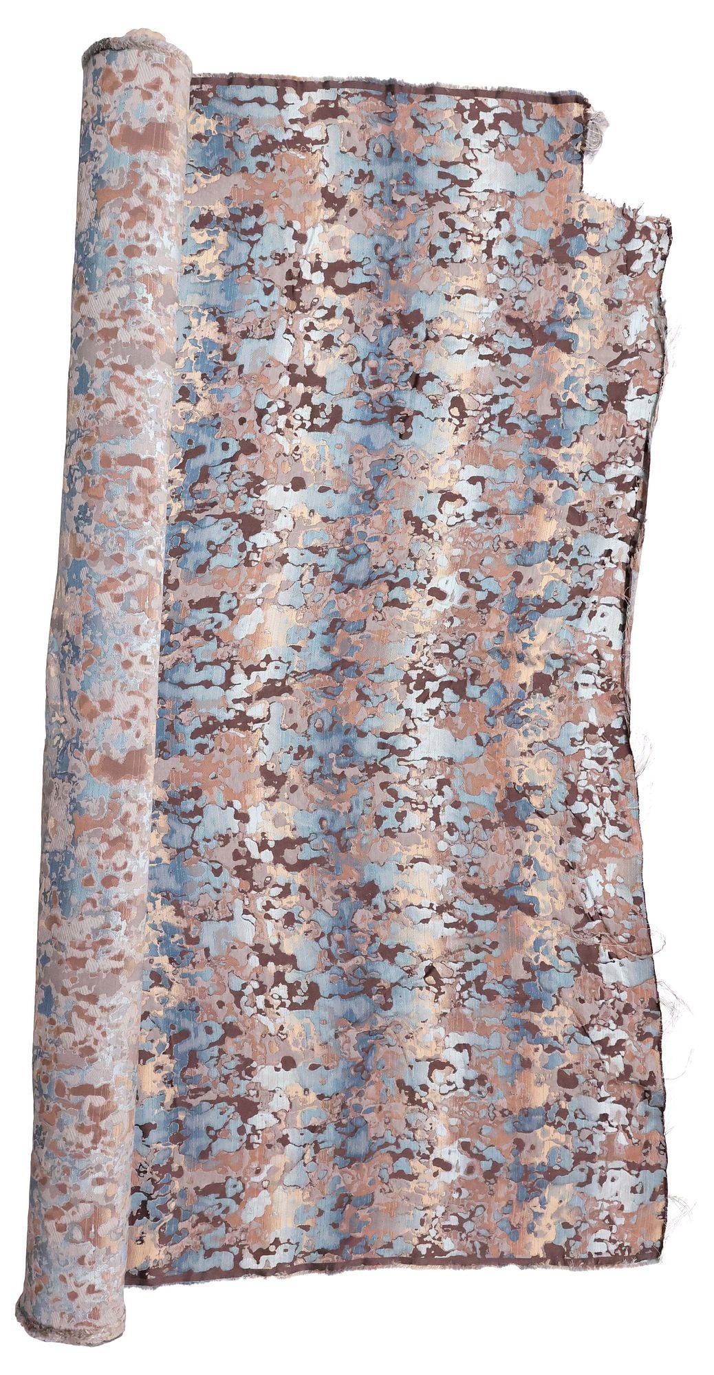 DESIGNER OPUZEN 'ROUSSEAU' SILK-LIKE TEAL & TAUPE UPHOLSTERY FABRIC BOLT: Bolt of upholstery fabric, designed by Opuzen, in the "Rousseau" pattern, teal and taupe silk-like weave, 63% silk and 37% linen, not examined fully unrolled, total length approx. 8.75 yds, 