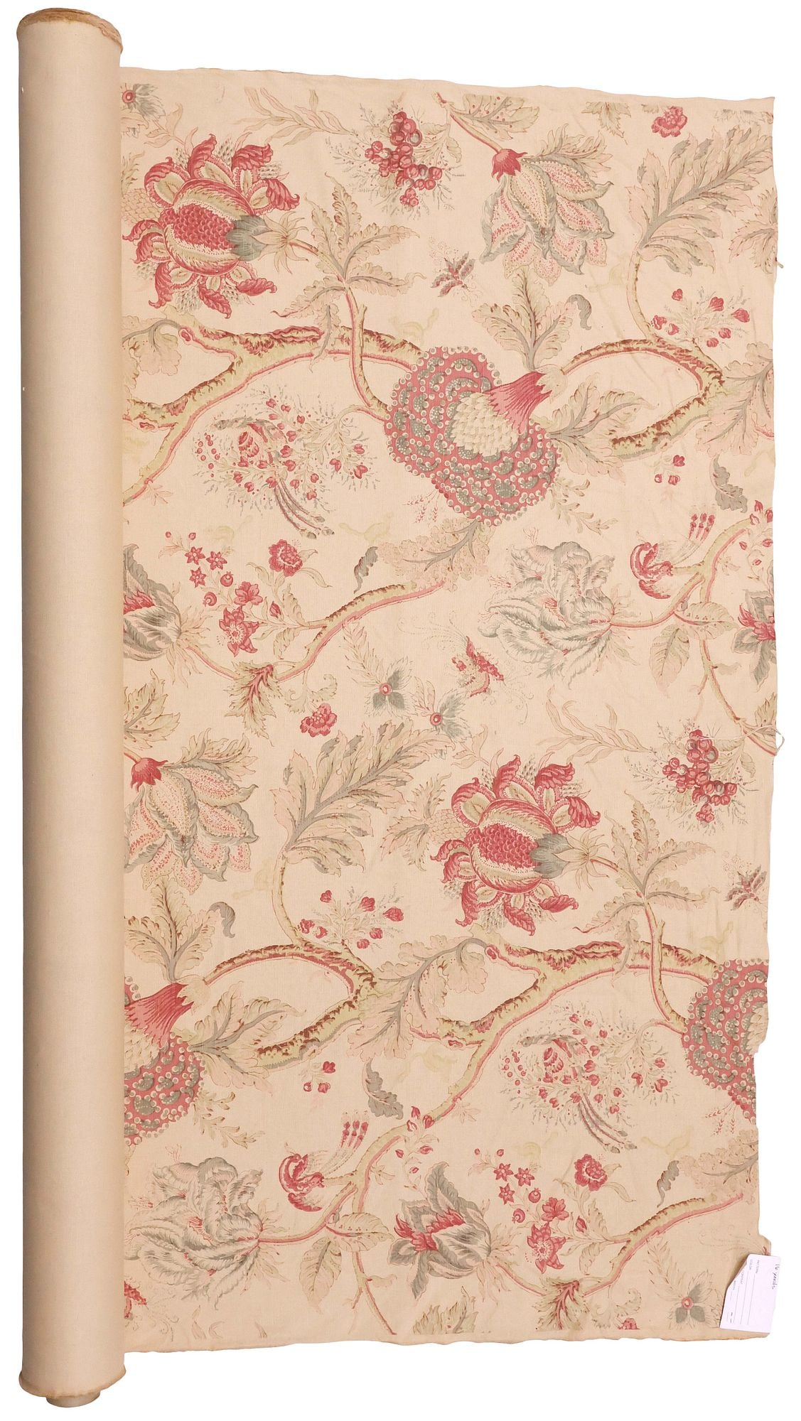 DESIGNER BENNISON 'DRAGON FLOWER' HAND-PRINTED LINEN FABRIC BOLT: Bolt of upholstery fabric, designed by Bennison Fabrics, in the "Dragon Flower" pattern, pink and green on beige colorway, hand-printed linen with tree branches of exotic floral and foliates