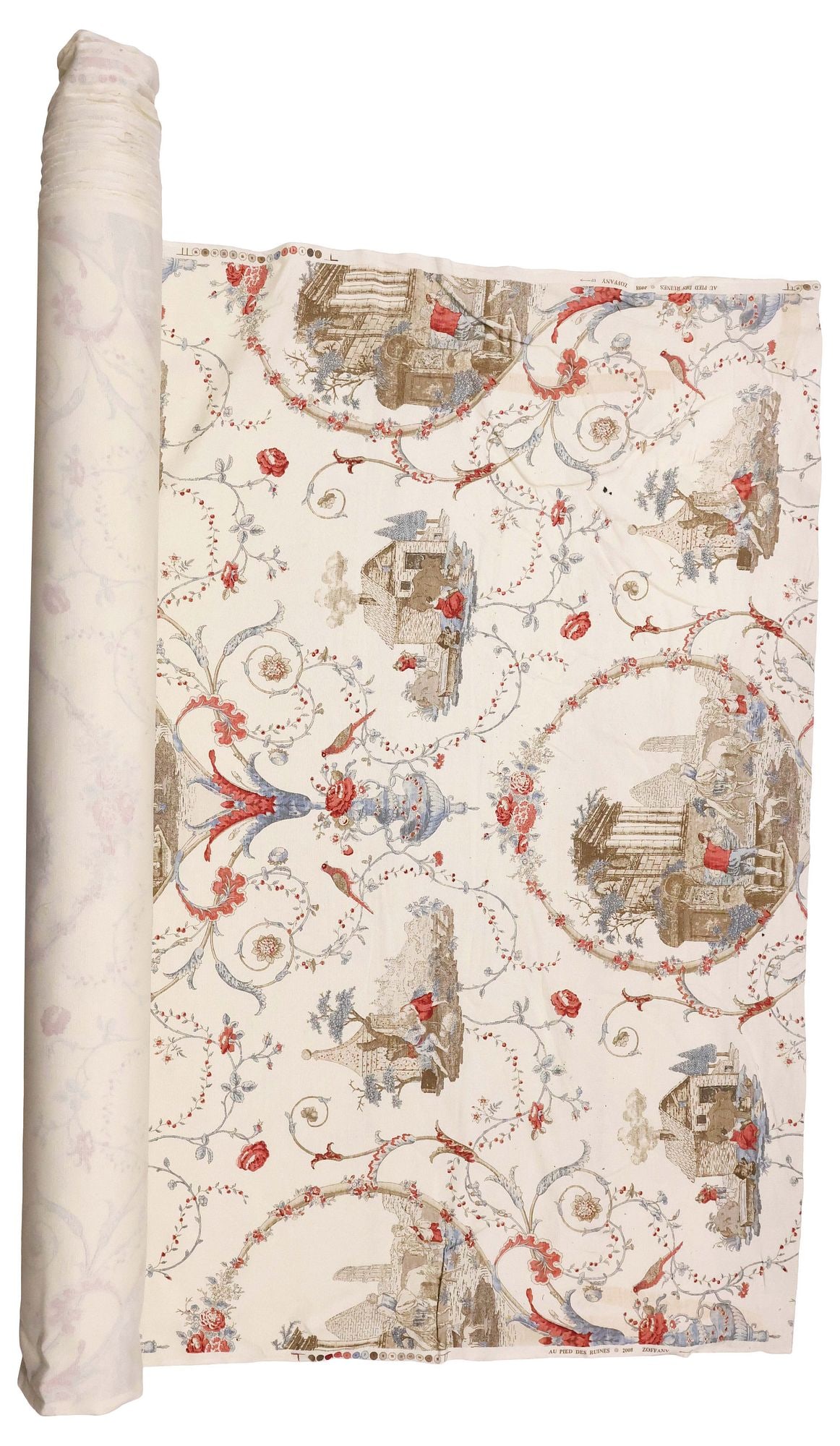 DESIGNER ZOFFANY 'AU PIED DES RUINES' PRINTED COTTON-LINEN BLEND FABRIC BOLT: Bolt of upholstery fabric, designed by Zoffany, in the "Au Pied des Ruines" pattern, from the "Chantemerle" collection, copyright 2008, printed cotton-linen blend, not examined ful