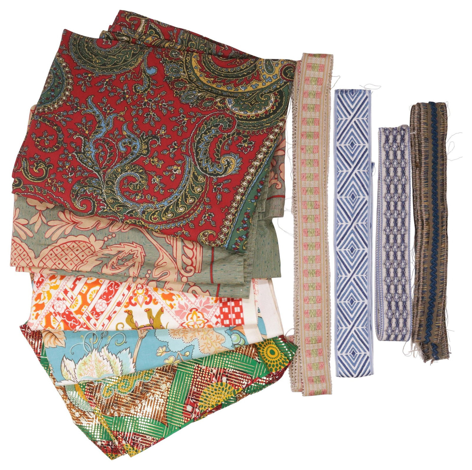 (10) COLLECTION OF PRINTED FABRICS & APPLIQUE TRIM, 2 MAISON PIERRE FREY: (lot of 10) Collection of fabric and upholstery accoutrements, including: (2) Maison Pierre Frey, (one) "Toscane" pattern, "Vert Rouge" colorway, (one) with polychrome florals on turquoise ground; (1)