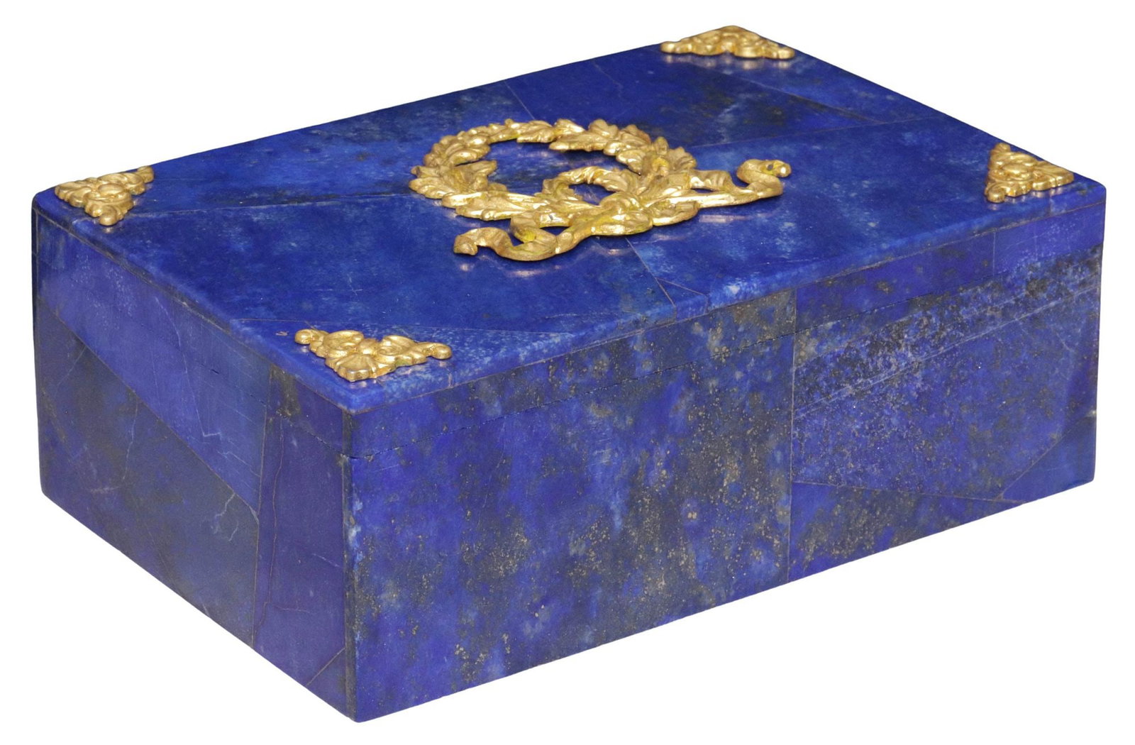 EMPIRE STYLE ORMOLU-MOUNTED LAPIS LAZULI TABLE BOX: Empire style rectangular table box, 20th c., lift-off cover, the exterior tiled with lapis lazuli, four gilt-bronze foliate corners on the cover, center a ribboned laurel