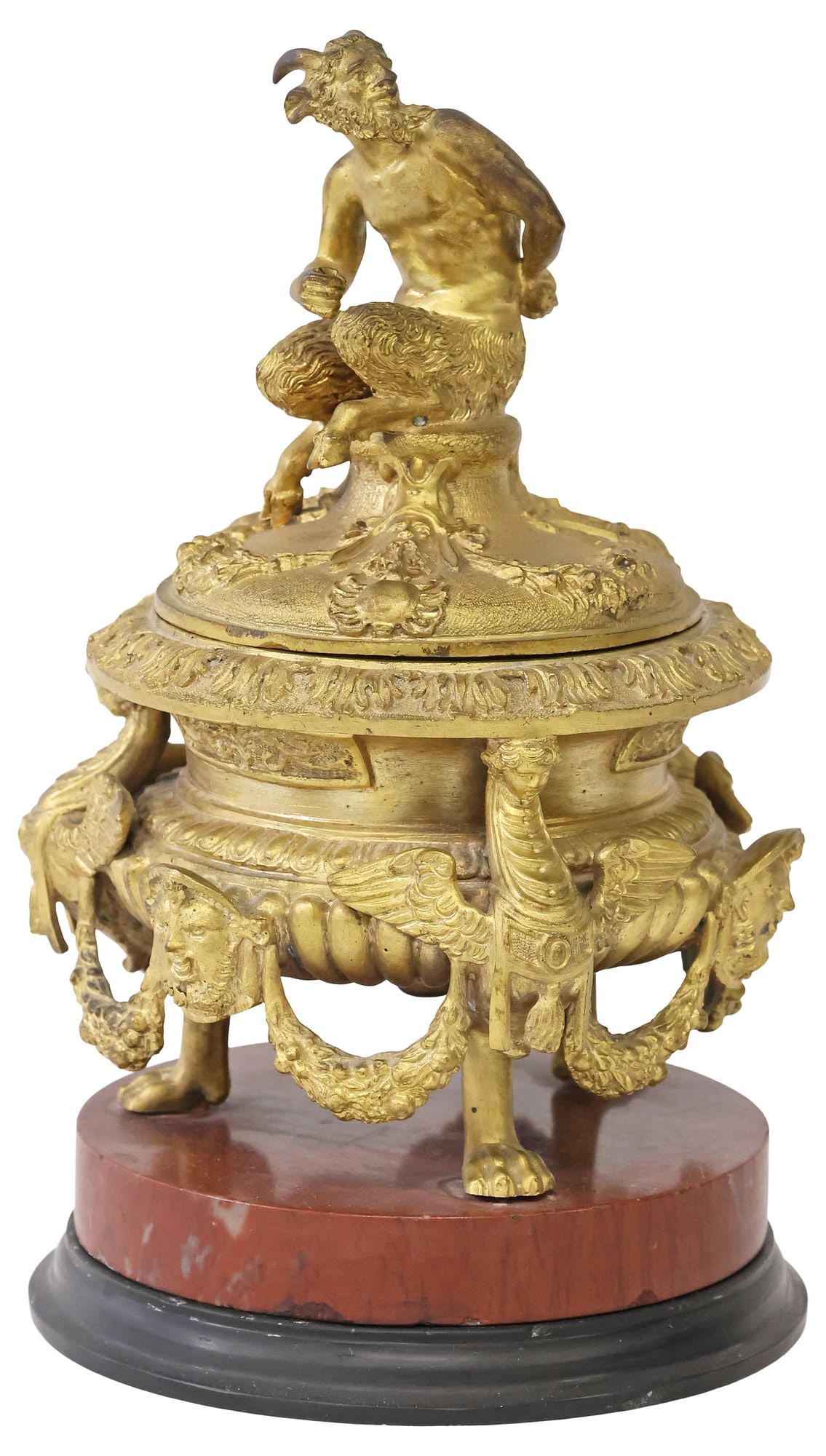 LARGE GRAND TOUR STYLE ORMOLU & MARBLE SATYR INKWELL: Grand Tour style gilt-bronze inkwell, 19th c., in the manner of Severo Calzetta of Ravenna (Italian, 1465-1543), cast lid surmounted by a seated satyr, above urn-form receptacle with winged