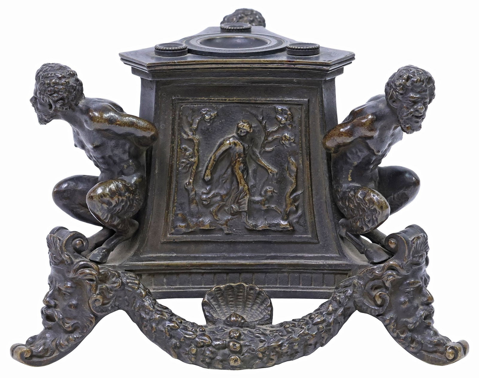 AFTER II RICCIO GRAND TOUR STYLE PATINATED BRONZE SATYRS INKWELL / DESK STAND (1 of 4)