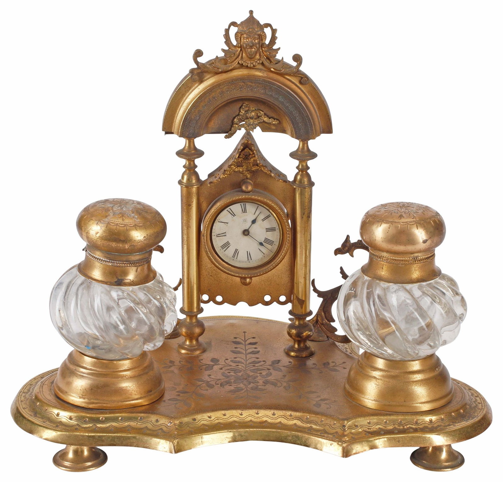FRENCH ORMOLU DOUBLE-INKWELL DESK STAND / ENCRIER WITH CLOCK (1 of 6)