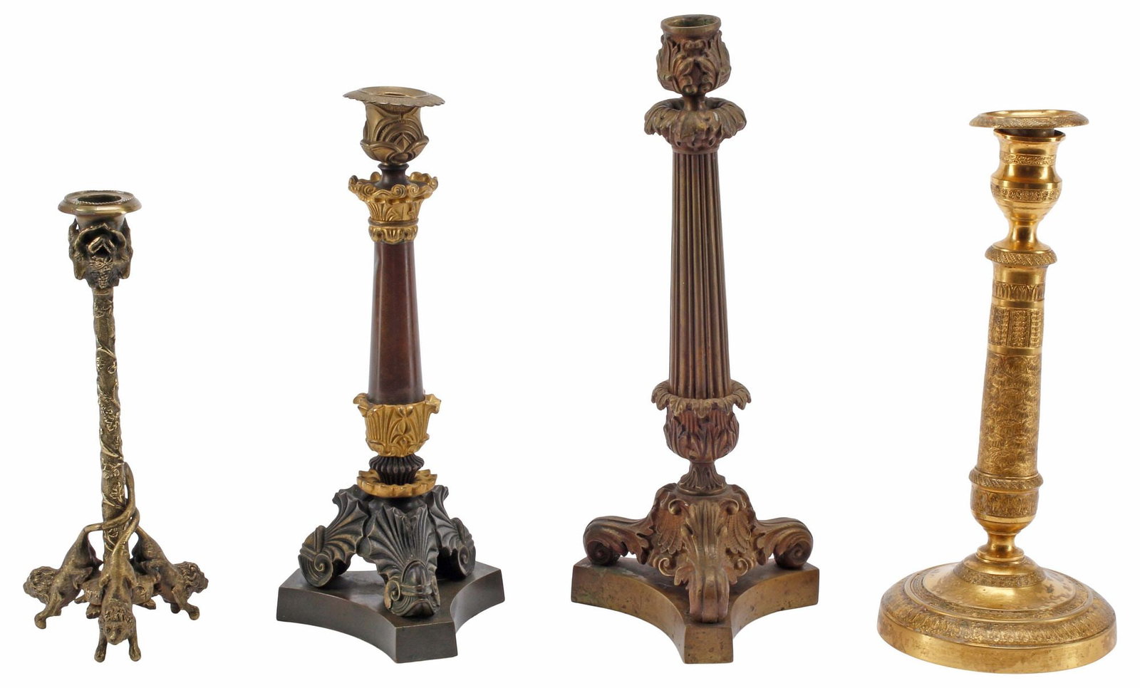 (4) FRENCH EMPIRE & NEOCLASSICAL STYLE PATINATED & GILT BRONZE CANDLESTICKS (1 of 5)