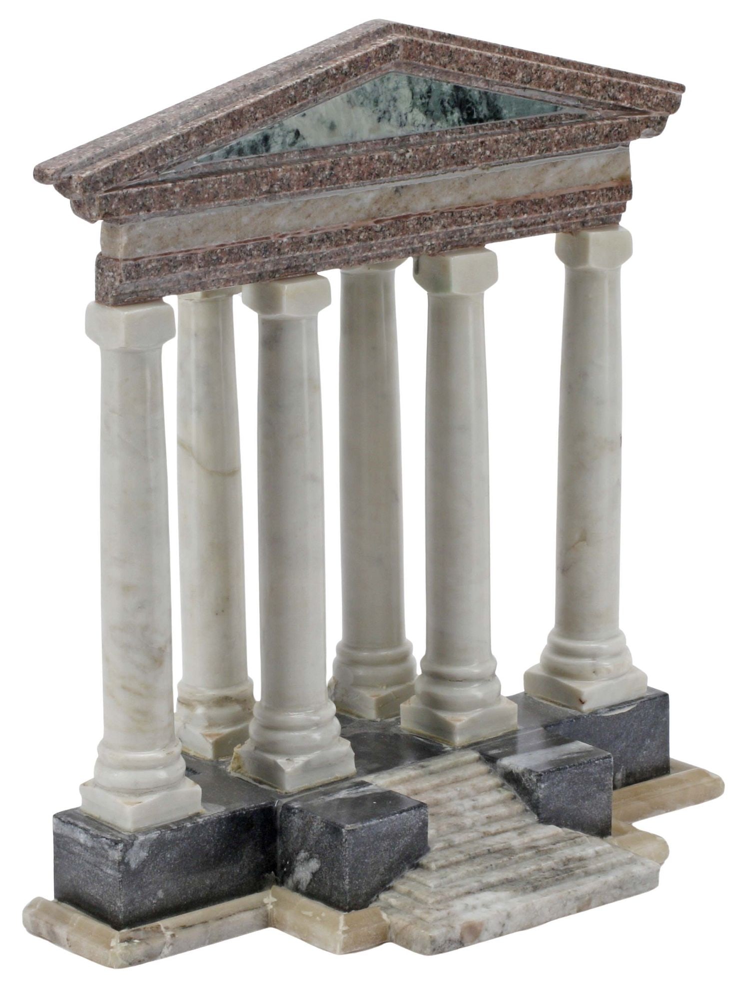 GRAND TOUR STYLE POLYCHROME MARBLE MODEL OF ARCHITECTURAL RUINS: Grand Tour style polychrome marble model of architectural ruins, triangular pediment atop smooth Doric columns, over plinth with central staircase, approx 16"h, 14.5"w, 7.5"d, 10.75lbs