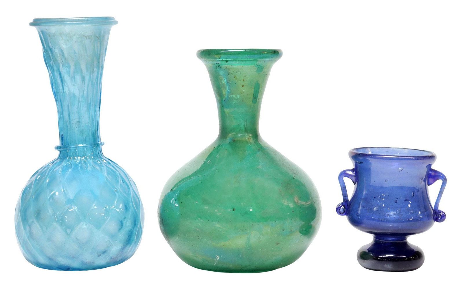 (3) ROMAN STYLE IRIDESCENT GLASS TABLE ITEMS, VASES & SMALL AMPHORA (1 of 3)