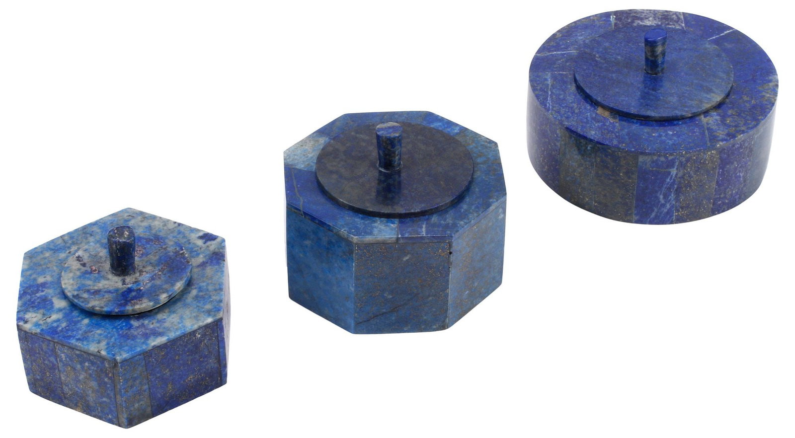 (3) LAPIS LAZULI-CLAD TABLE BOXES & COVERS: (lot of 3) Lapis lazuli-clad covered table boxes, comprising: (1) round box, (1) of octagonal form, (1) of hexagonal form, largest: approx 3"h, 4.5"diam, 3.5lbs total 