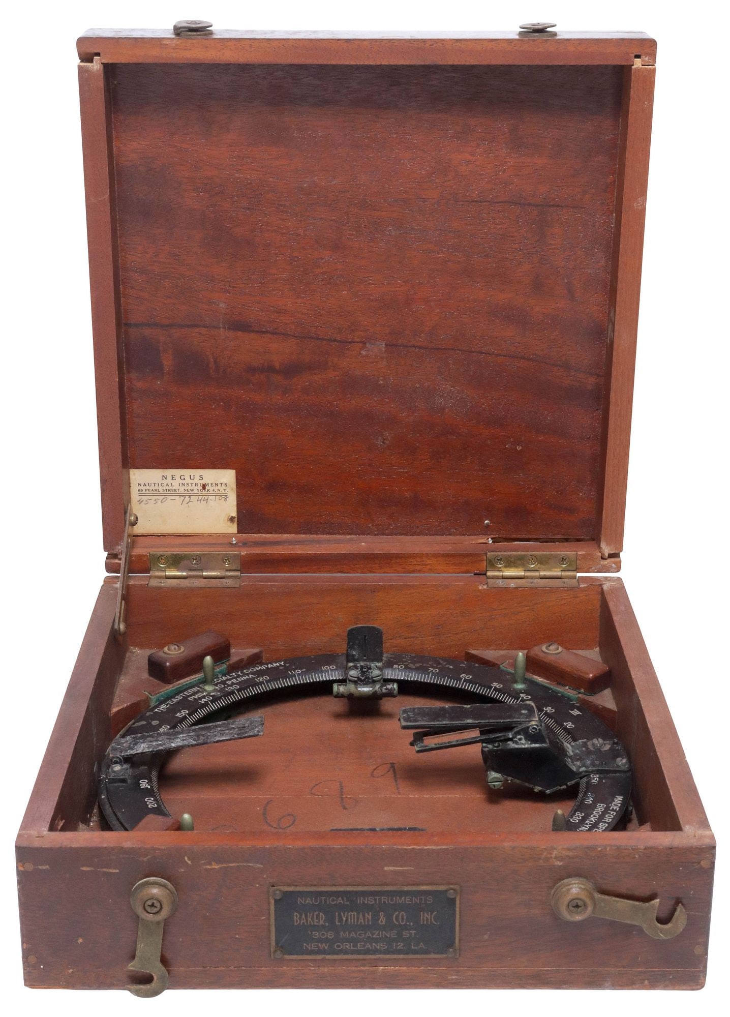 CASED WWII-ERA NAVAL AZIMUTH CIRCLE NAVIGATION TOOL: Nautical/ naval azimuth circle, made for Sperry by the Eastern Specialty Company, c.1940s, retailed by Baker, Lyman and Company, Louisiana, in original case, approx 4.5"h, 11.5"w, 11.5"d, 9lbs