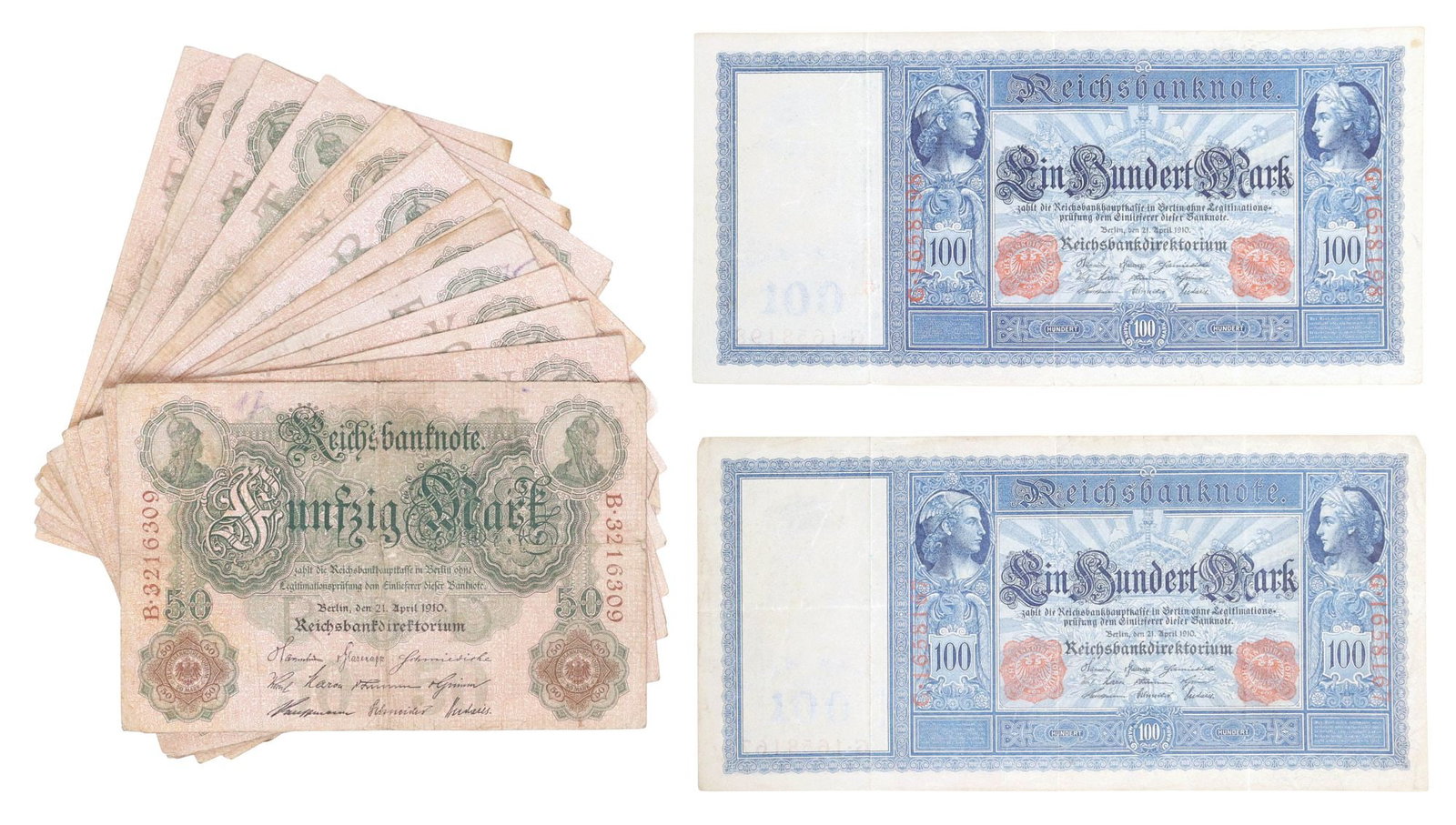 (23) GERMAN OBSOLETE PAPER CURRENCY, 50 & 100 MARKS, 1910 (1 of 4)