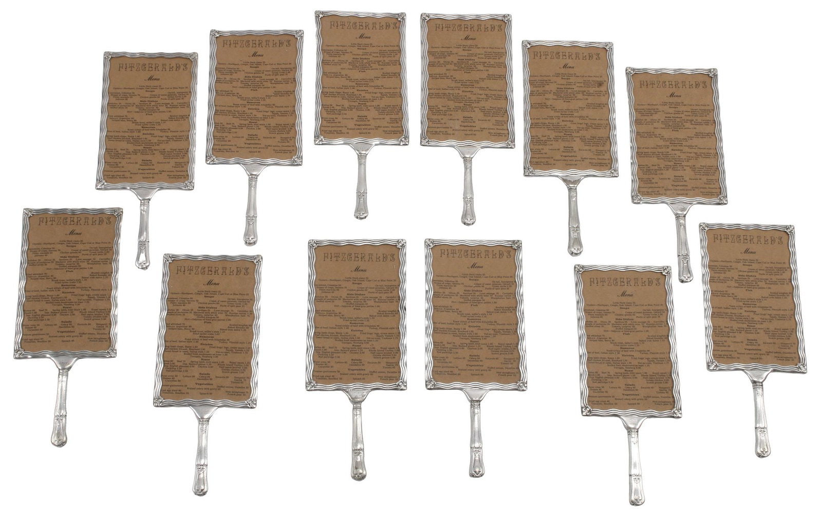 (12) AMERICAN GORHAM SILVERPLATE FRAMED RESTAURANT MENUS, 'FITZGERALD'S' (1 of 4)