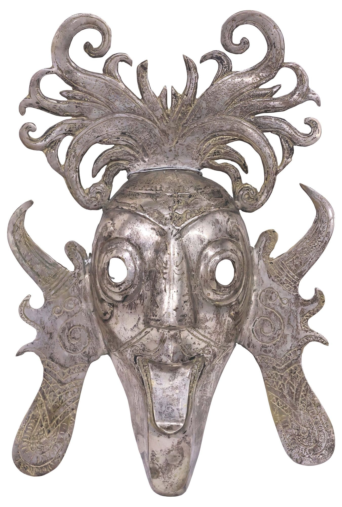INDONESIAN BATAK KORO SILVERED BRASS CEREMONIAL MASK (1 of 3)