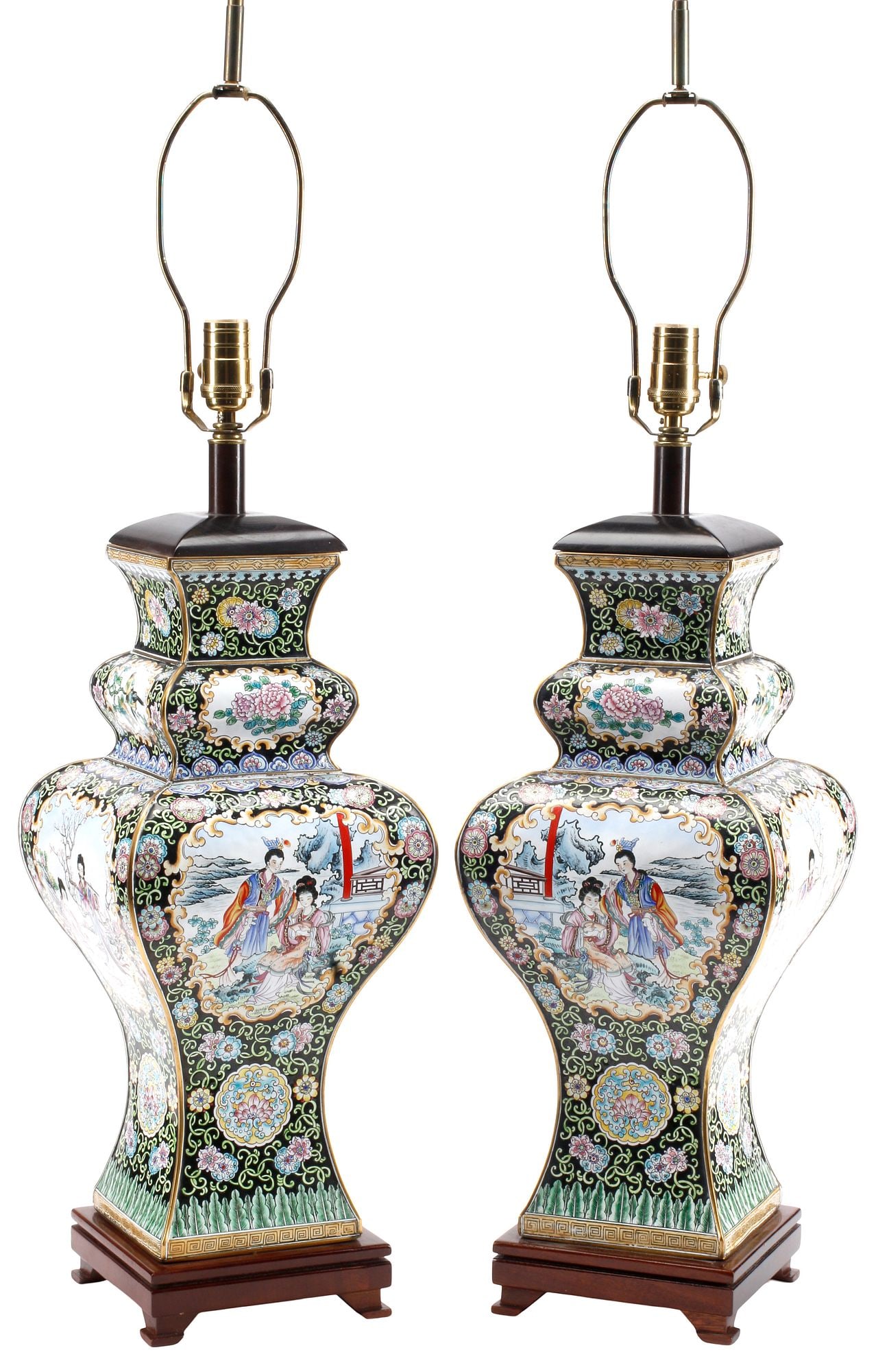 (2) CHINESE PEKING ENAMEL SQUARE VASES NOW AS 1-LIGHT TABLE LAMPS (1 of 4)