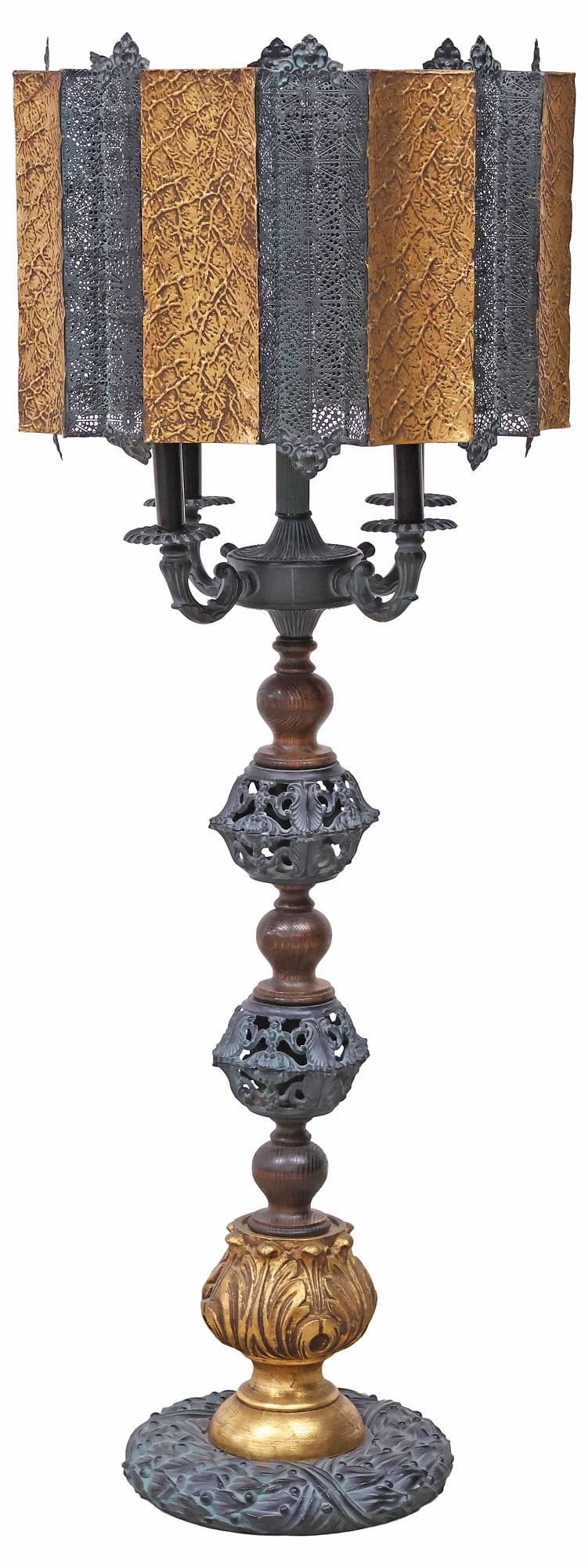 LARGE PARCEL-GILT PATINATED METAL 4-LIGHT LAMP, 42"H (1 of 7)