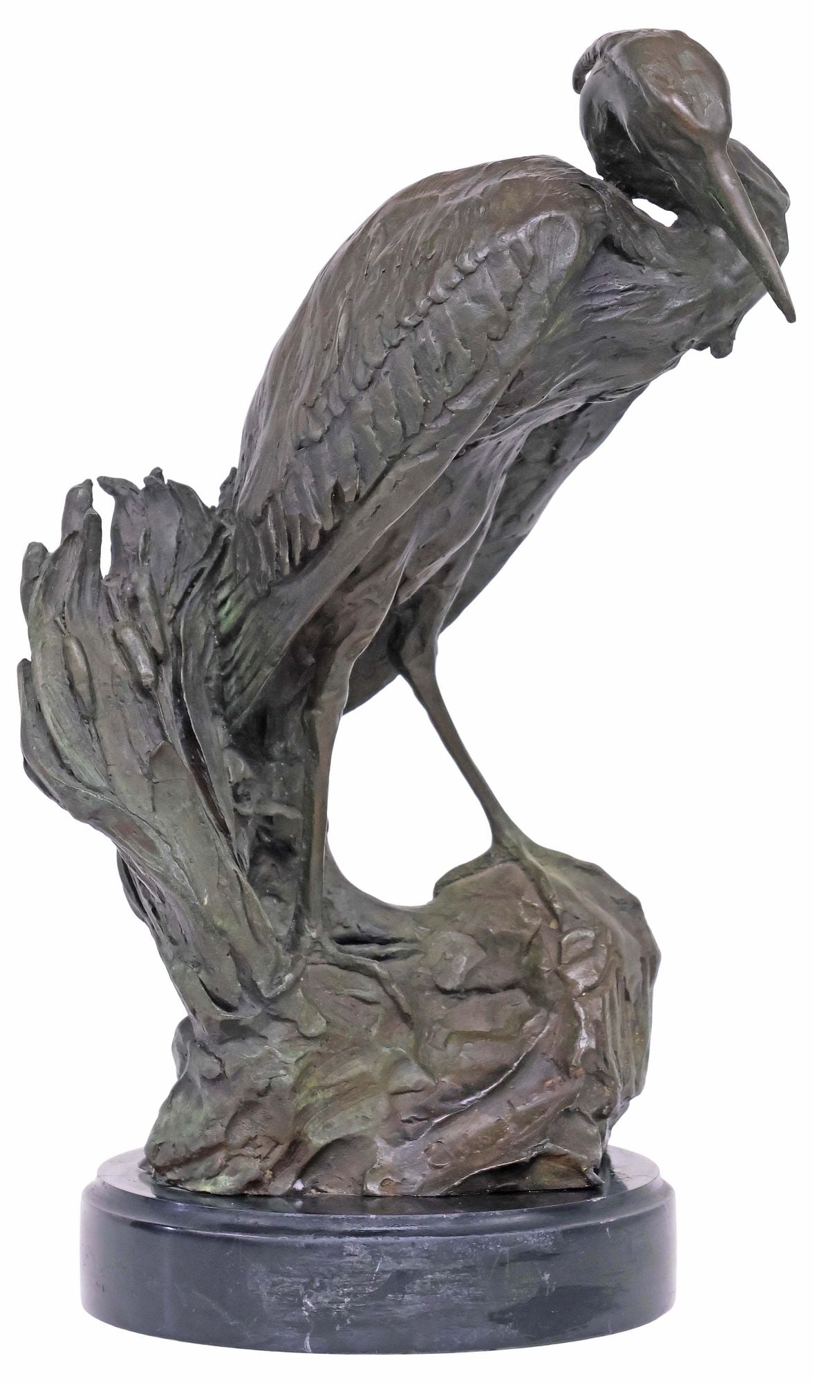 AFTER ANTOINE-LOUIS BARYE (D.1875) VERDIGRIS BRONZE HERON SCULPTURE: Patinated bronze sculpture, Heron on Verdigris Rocky Outcrop, after Antoine-Louis Barye (French, 1795-1875), signed in cast C. Lobo (20th c.), on canted marble base, overall: approx 14.25"h, 8"w, 6.5"