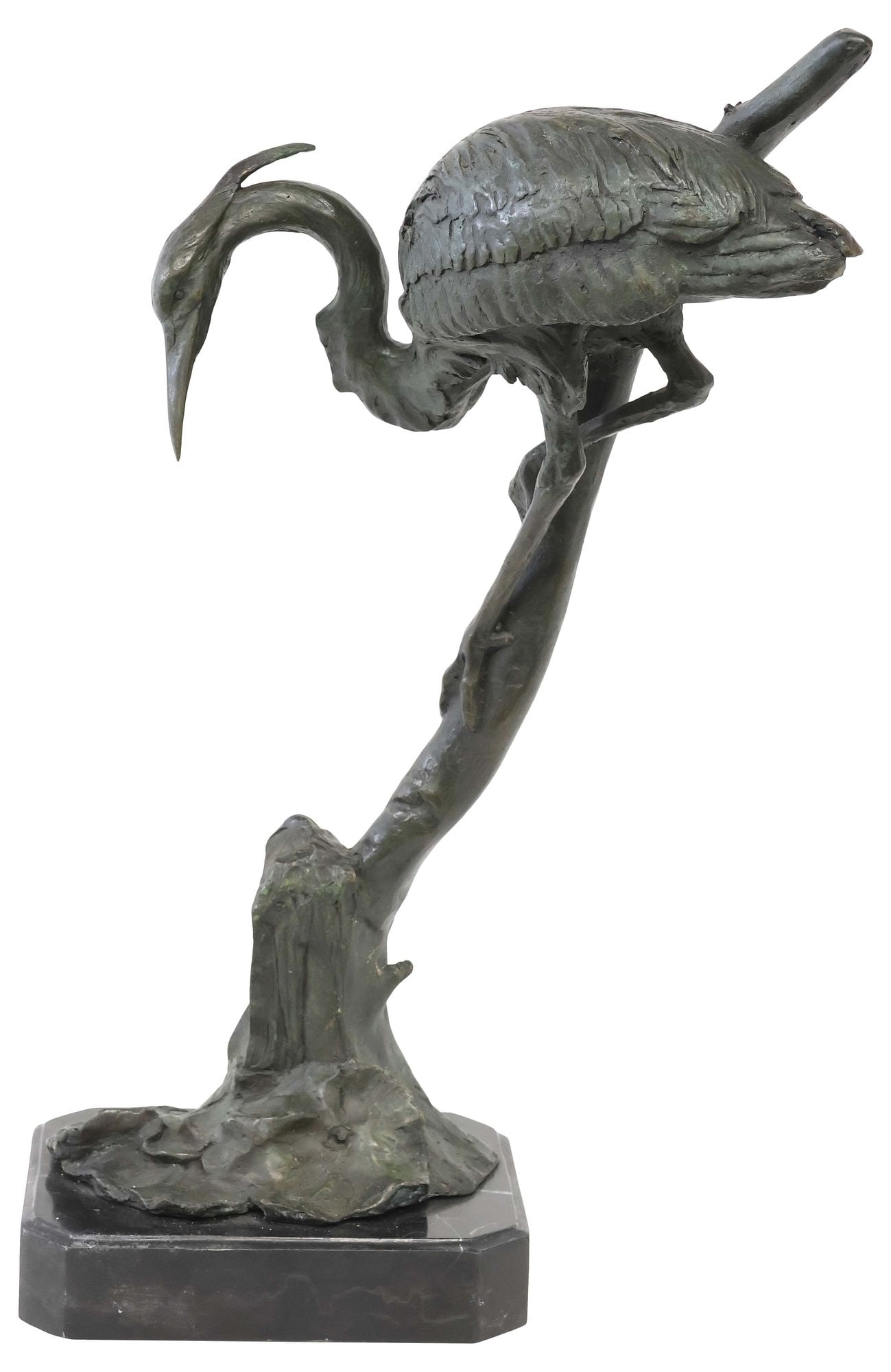 MANNER OF ANTOINE-LOUIS BARYE PATINATED BRONZE PERCHED HERON: Patinated bronze sculpture, Heron Perched on a Branch, in the manner of Antoine-Louis Barye (French, 1795-1875), signed in cast Lobo (20th c.), naturalistic base on canted marble plinth, overall: appr